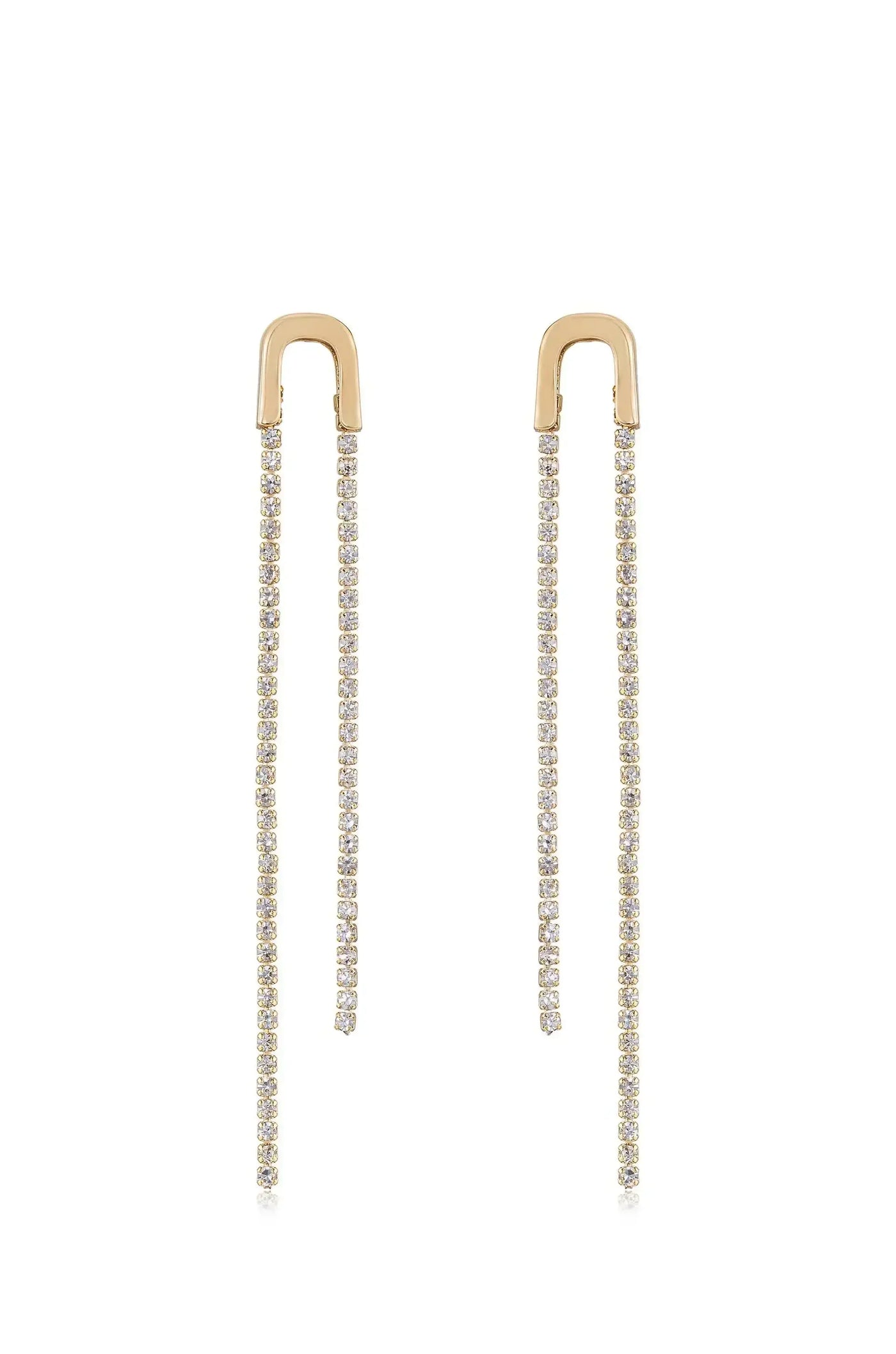 Elegant earrings feature gold tops with two thin chains adorned with small, sparkling gemstones, suspended descent, suggesting a glamorous accessory suitable for formal occasions.