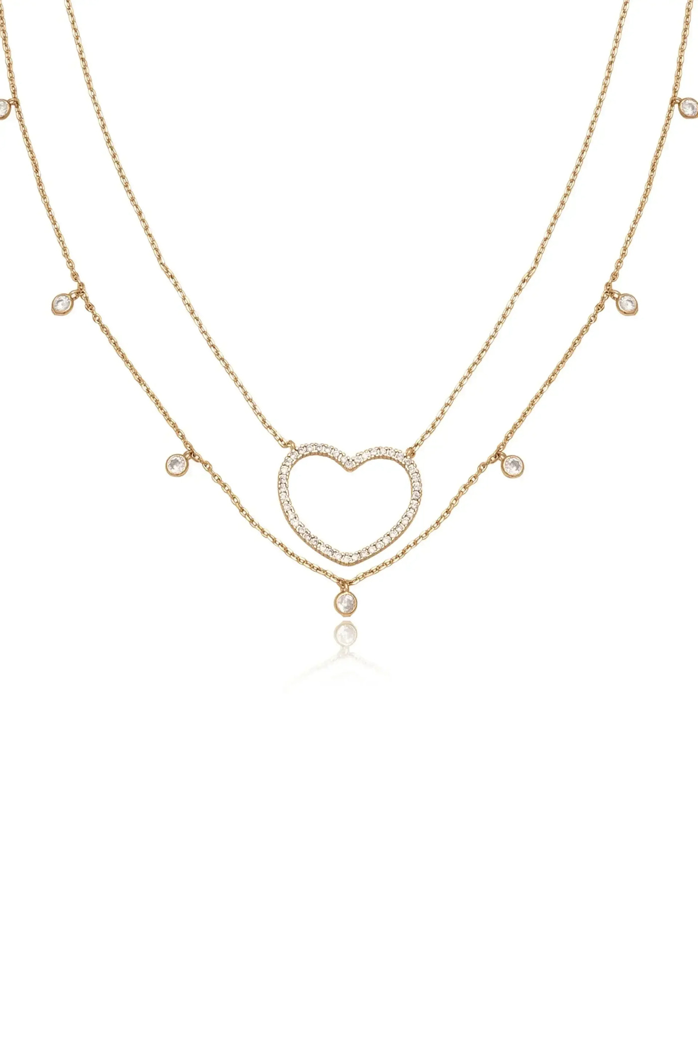 A delicate gold necklace with two layered chains features a heart-shaped pendant adorned with sparkling stones. The design exudes elegance against a plain white background.