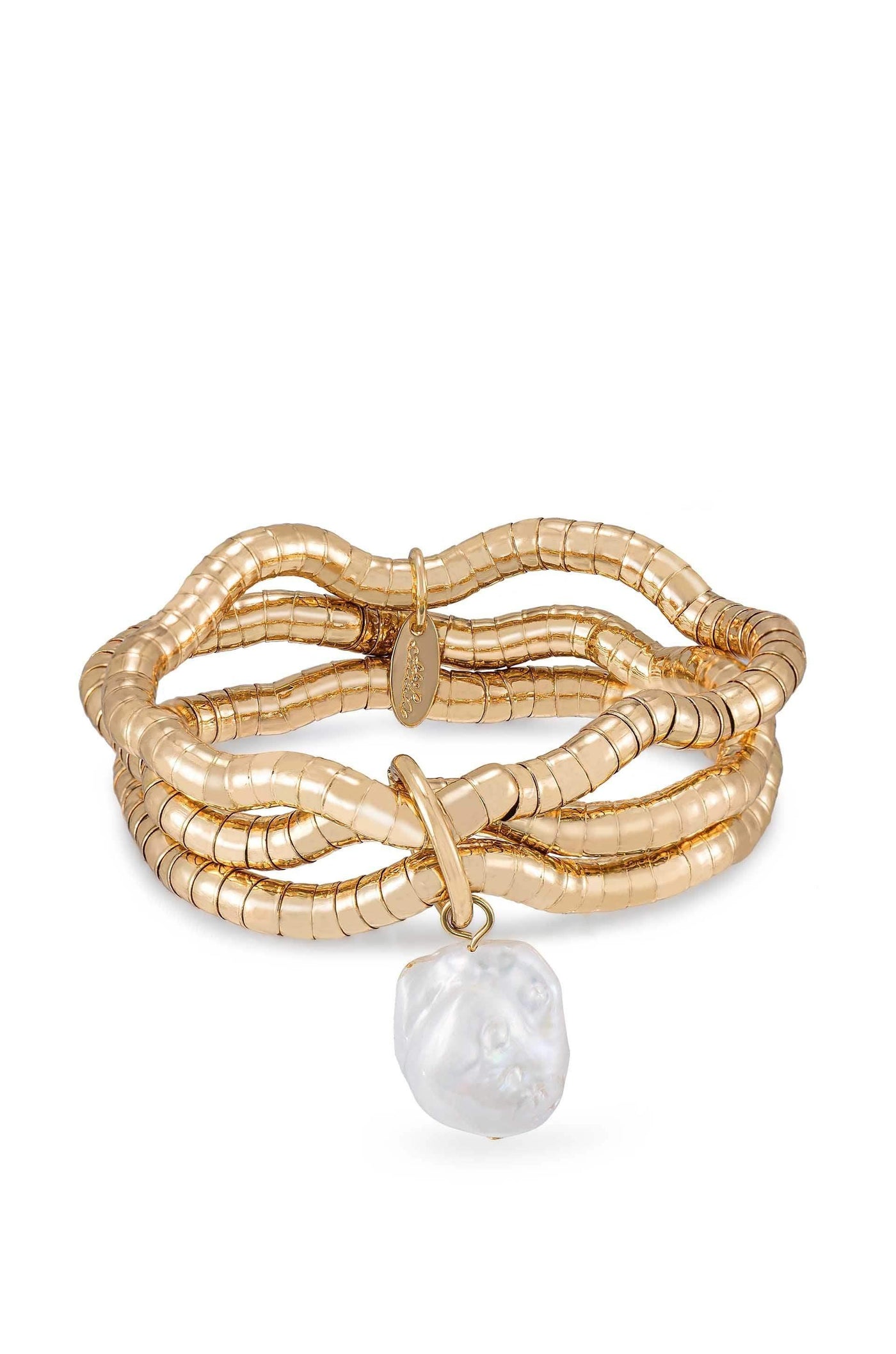 A golden bracelet composed of intertwined metallic bands features a prominent irregular white pearl dangling from it, set against a plain white background.