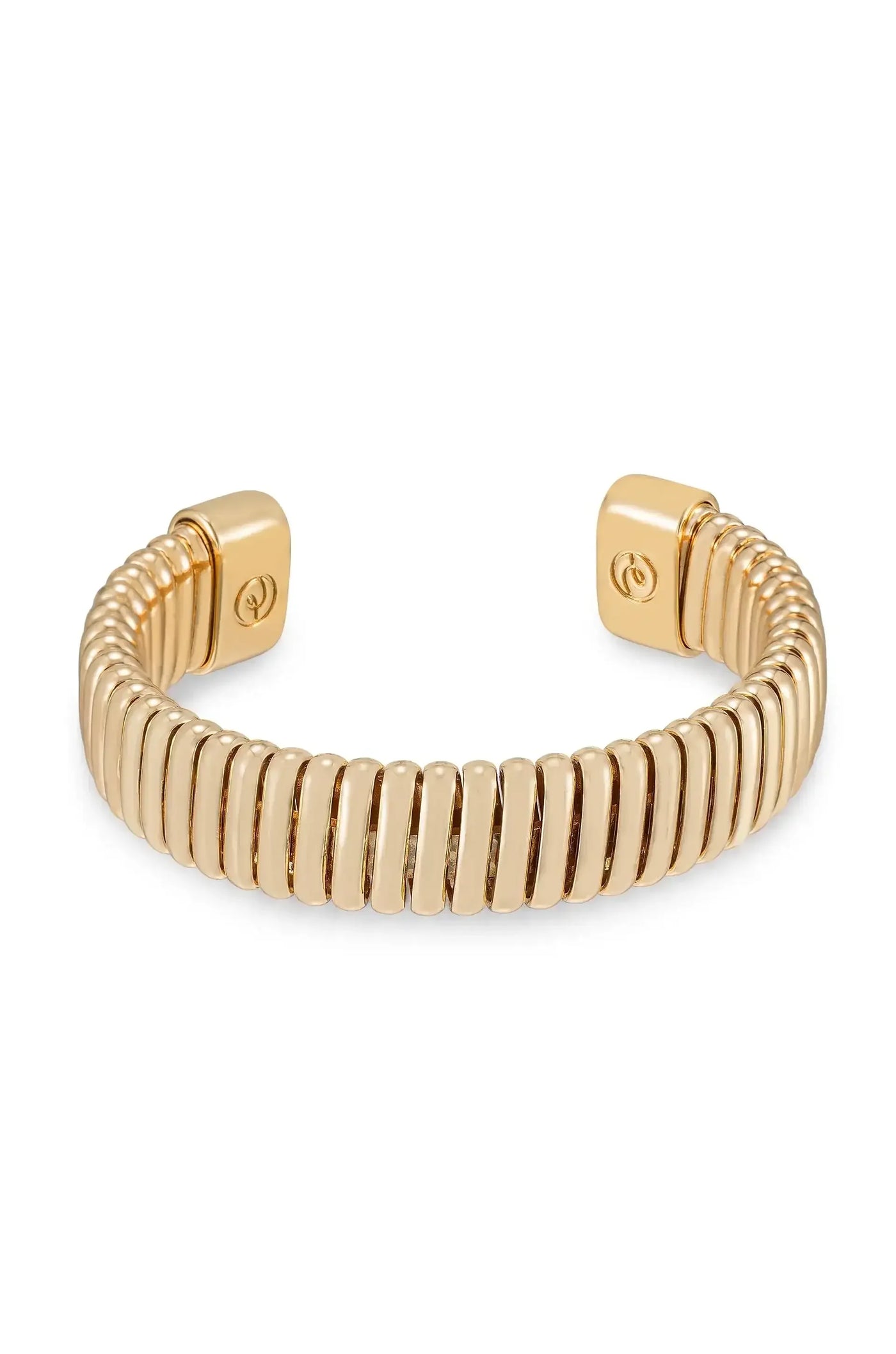 A gold-colored cuff bracelet features a flexible design with rounded, interlocking segments, showcasing a sleek, modern aesthetic suitable for casual or formal wear, emphasizing elegance and style.