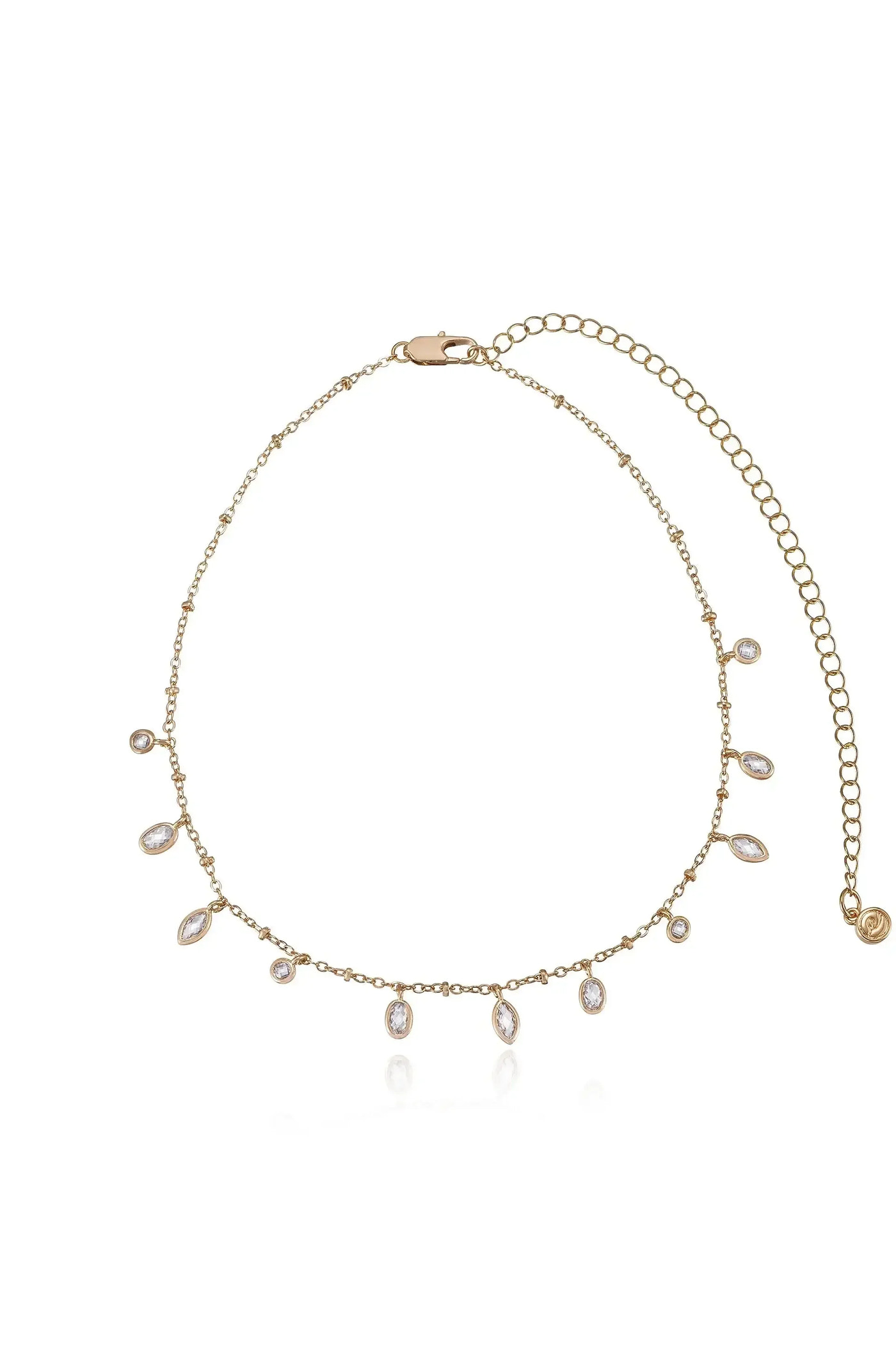 A delicate gold necklace features multiple teardrop-shaped gems hanging from a thin chain, showcasing a sparkling and elegant design against a plain white background.