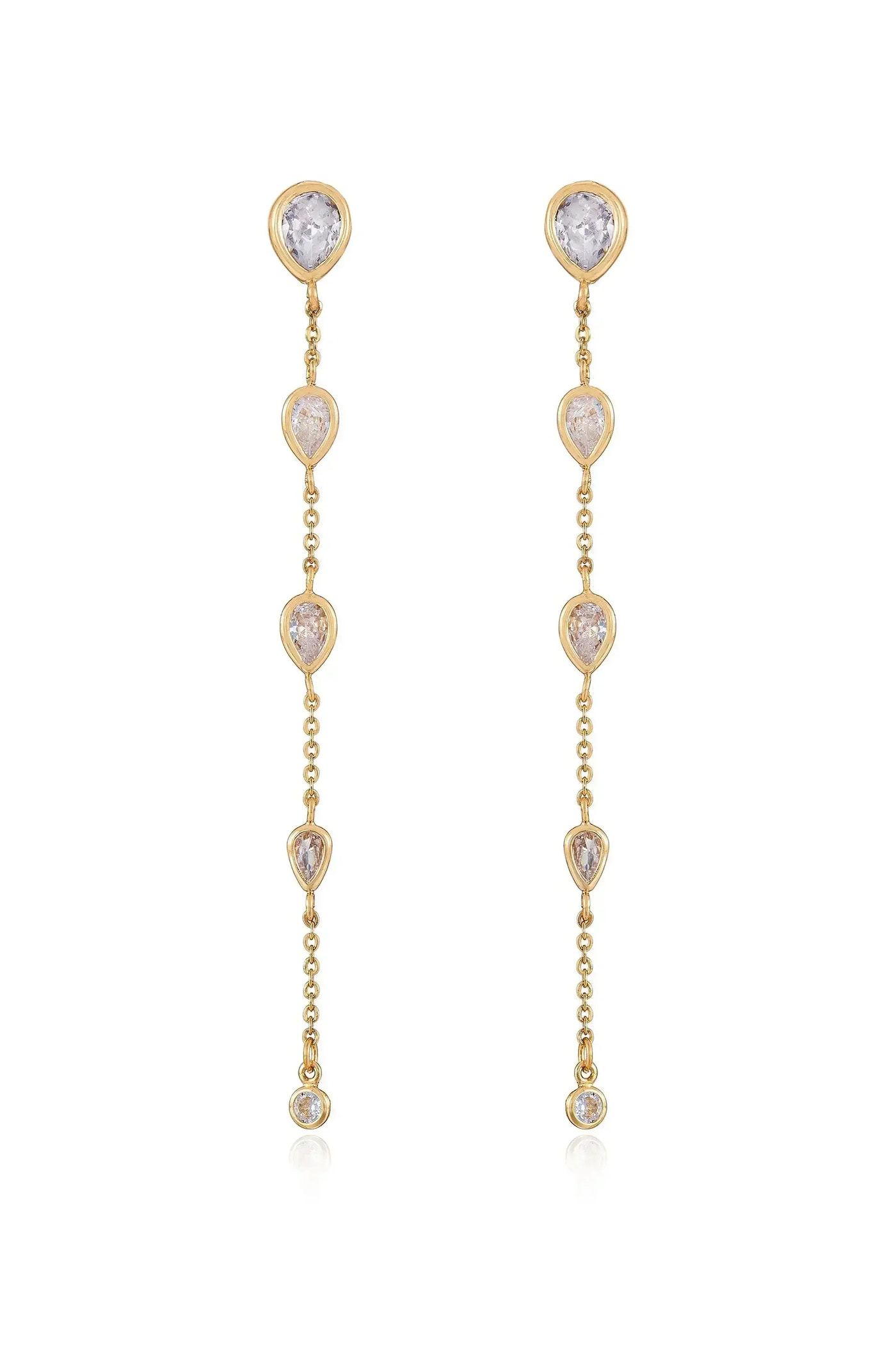 Gold earrings feature a linear design with alternating teardrop-shaped gemstones and circular accents. The earrings hang down, reflecting light elegantly in a neutral background.