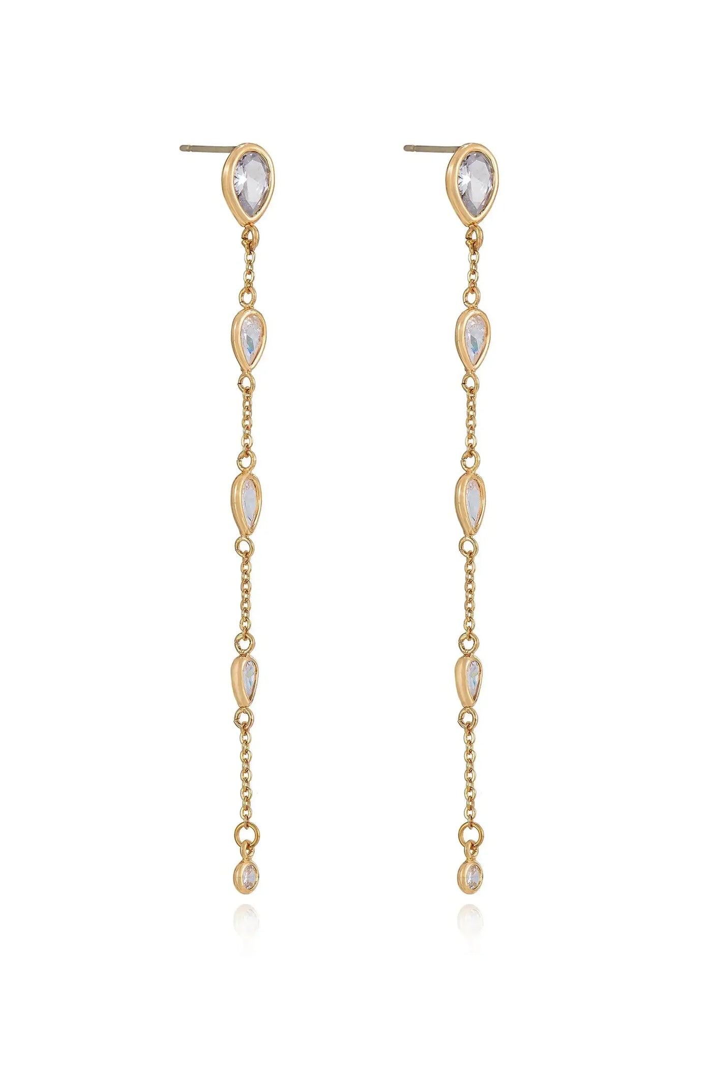 Gold dangle earrings hang vertically, featuring a series of teardrop-shaped gemstones. They glimmer subtly, showcasing elegance. The reflective surface indicates a polished finish, enhancing their decorative appeal.