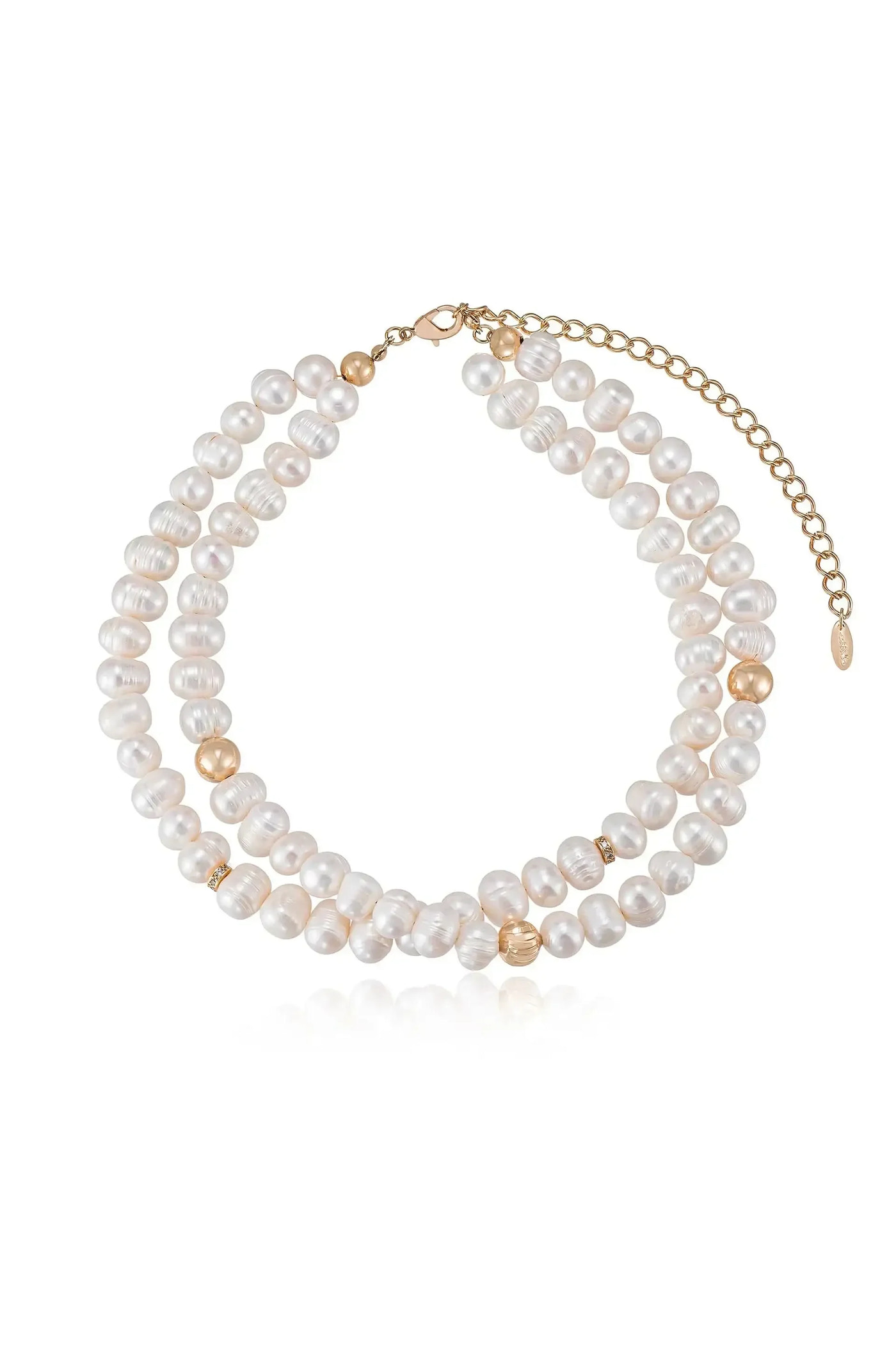 A multi-stranded pearl necklace with varying sizes of lustrous, round pearls, interspersed with gold beads, showcasing an elegant design, resting on a white background.
