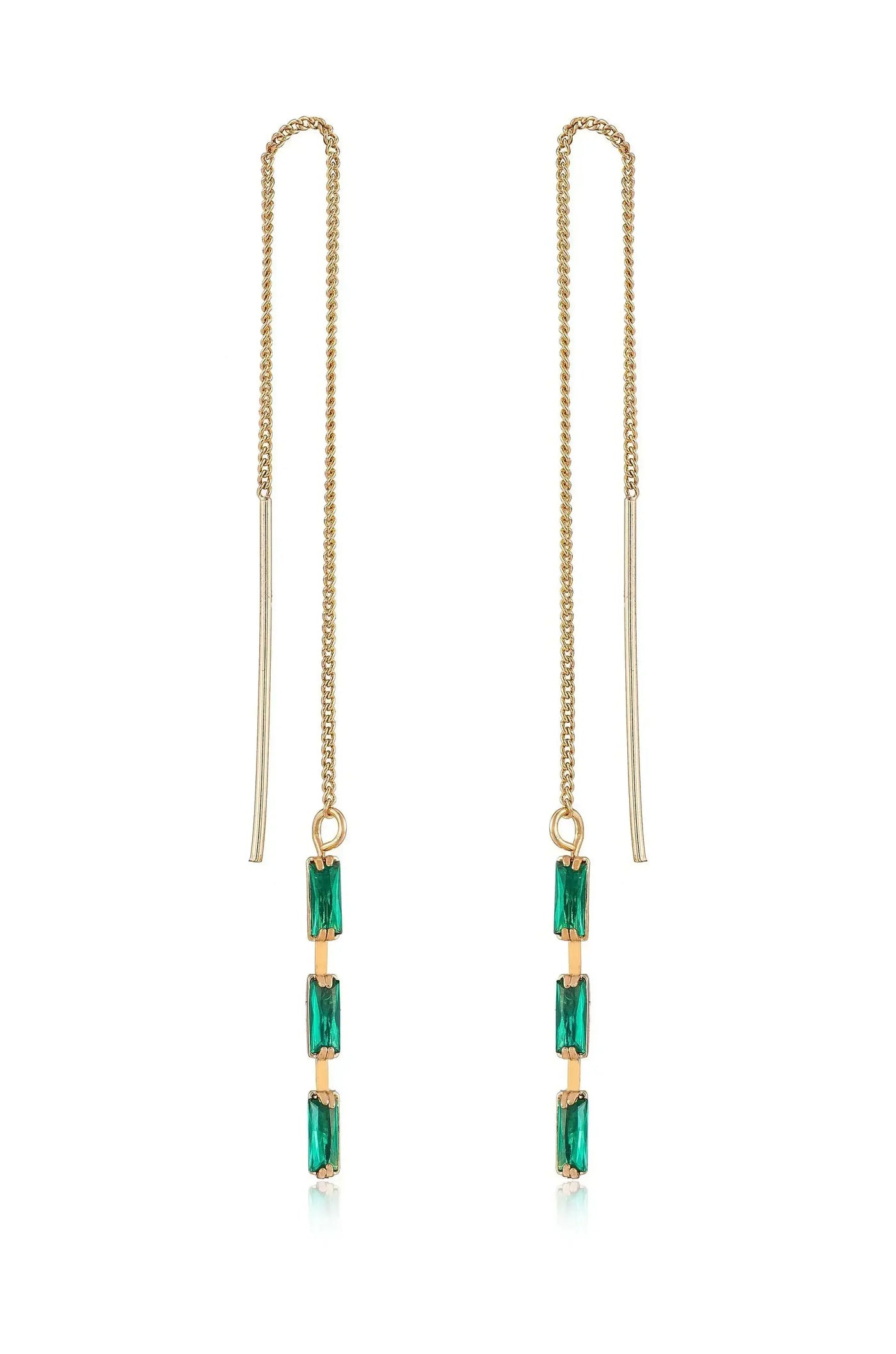 Gold chain earrings feature three vertical, rectangular green gemstones suspended from a long chain. They hang elegantly, capturing light and adding a vibrant touch to any outfit.