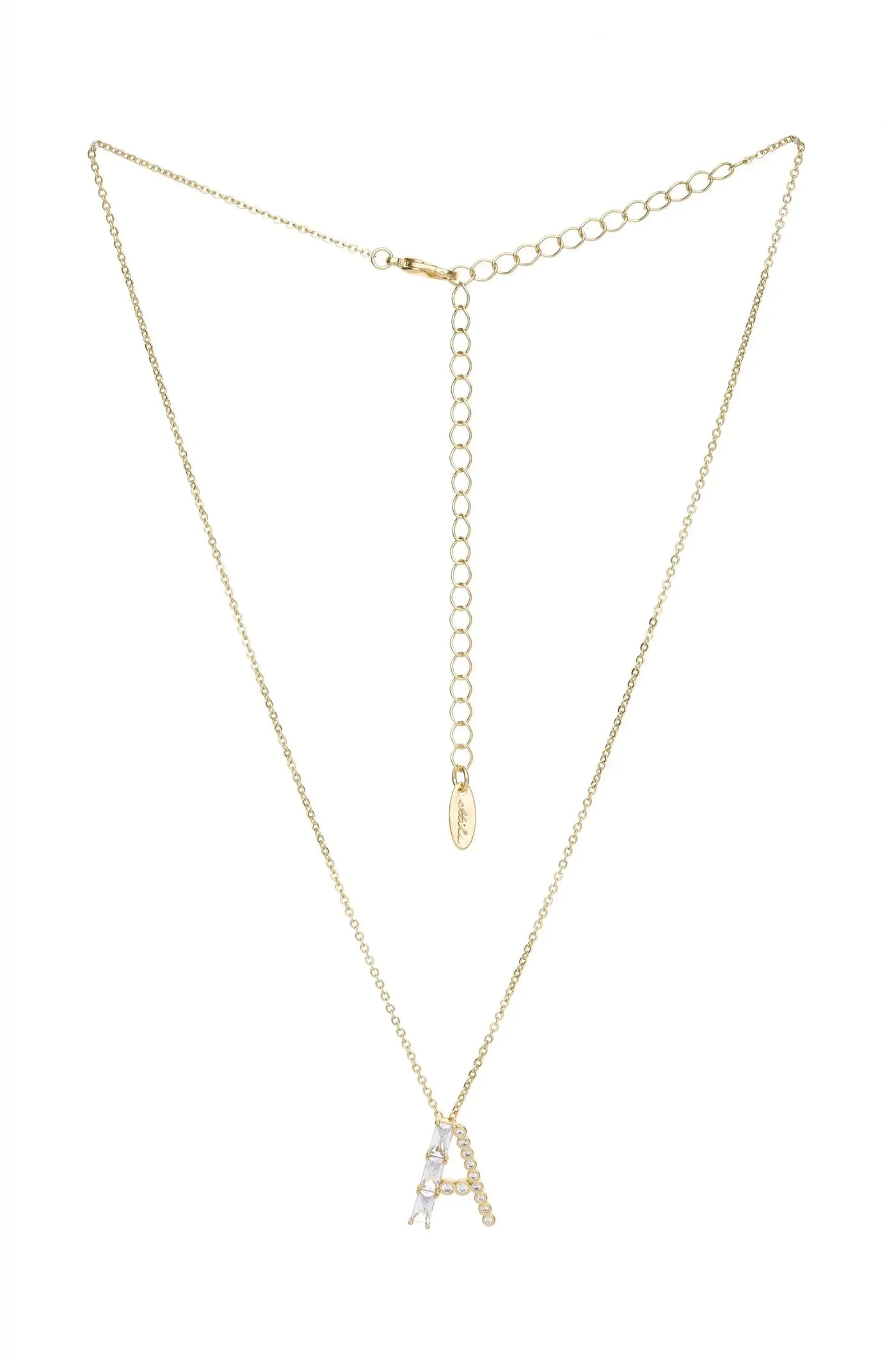 A gold necklace features a prominent letter "A" adorned with crystals. It hangs against a plain background, showcasing its elegant design, with a delicate chain and adjustable clasp.