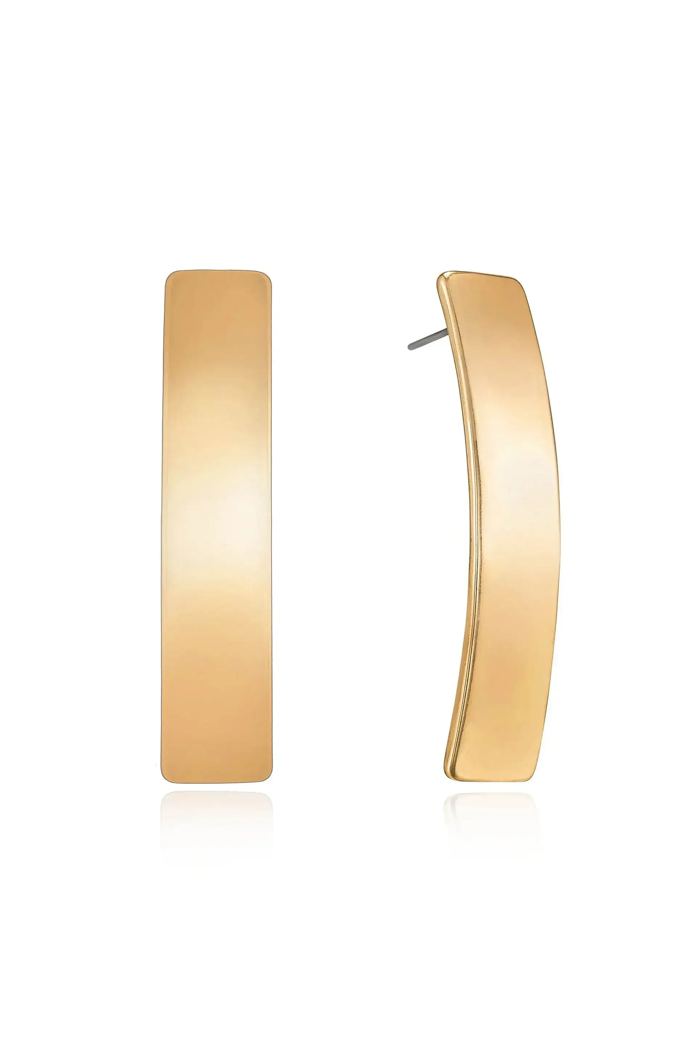 A pair of gold earrings, one flat and rectangular, the other slightly curved, are displayed upright. They reflect light on a smooth white surface, emphasizing their polished design.