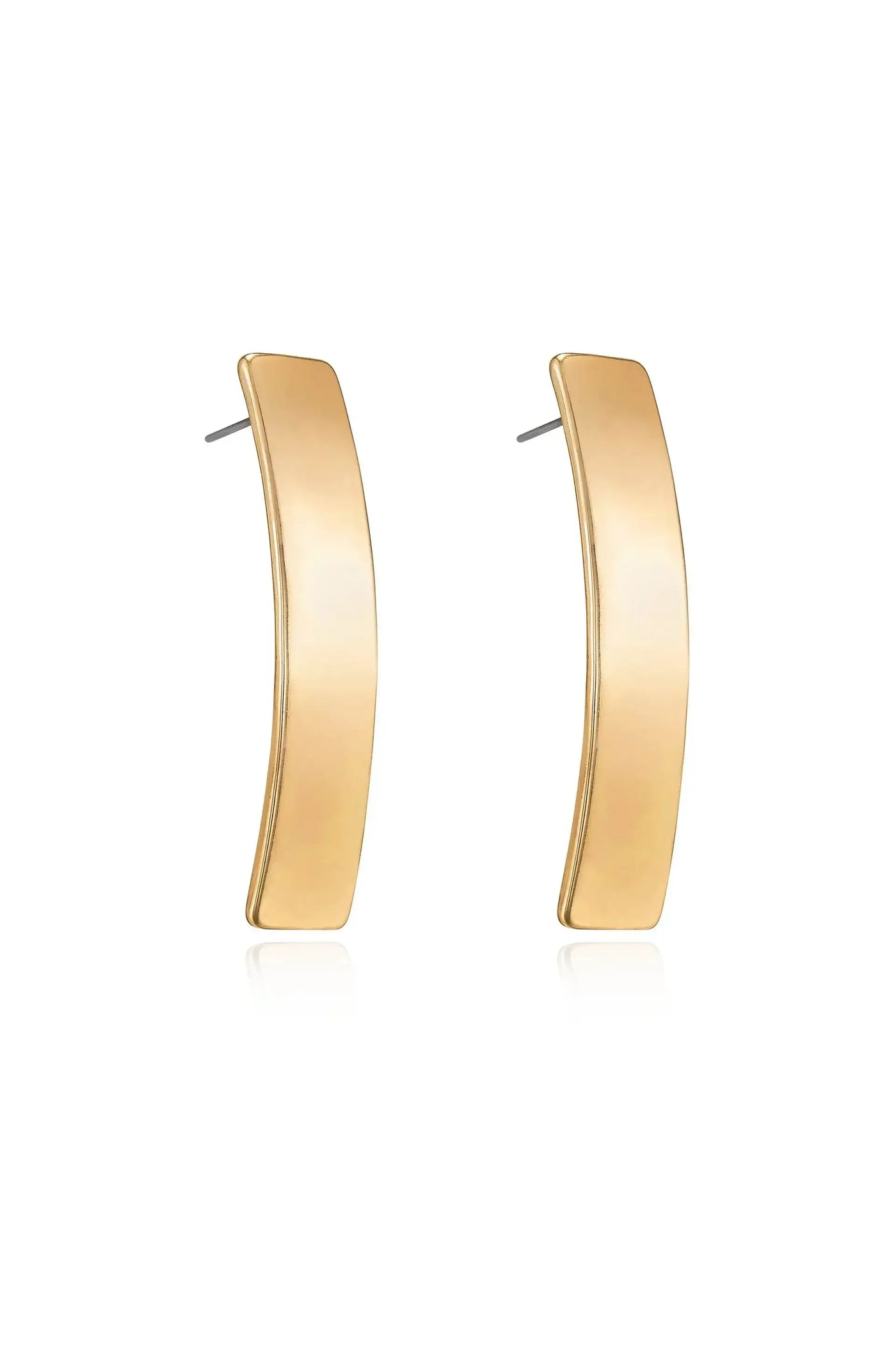 Two elongated, curved gold earrings are displayed upright, showcasing their smooth surface and reflective finish against a white background, emphasizing their modern, minimalist design.