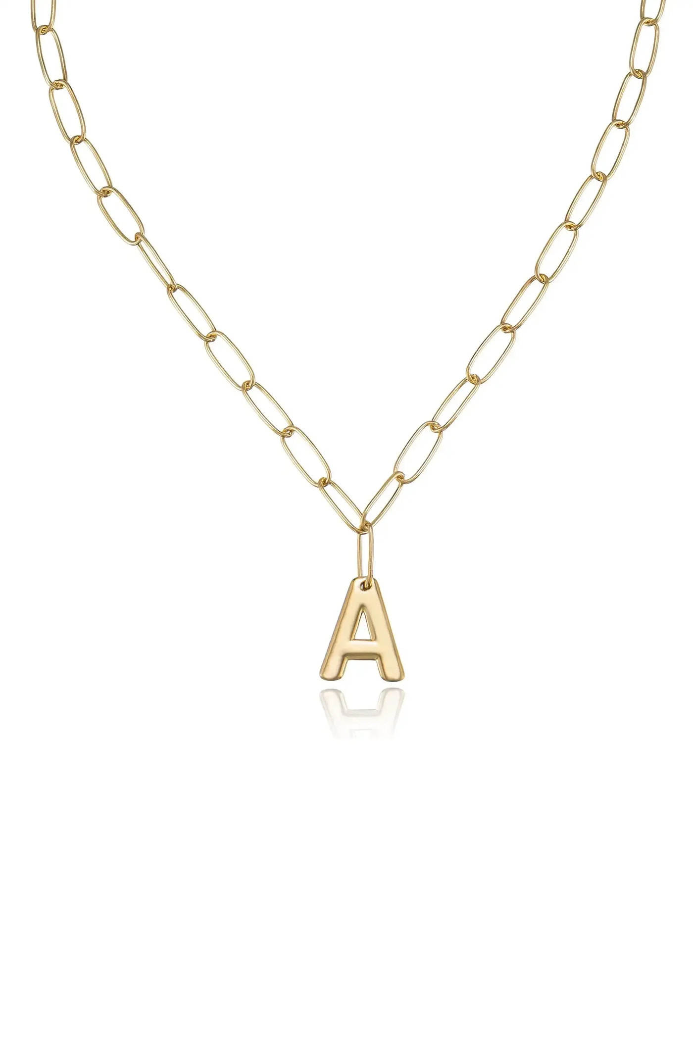 A gold chain necklace features elongated links with a prominent, polished letter "A" pendant hanging at the center, set against a plain, light background.