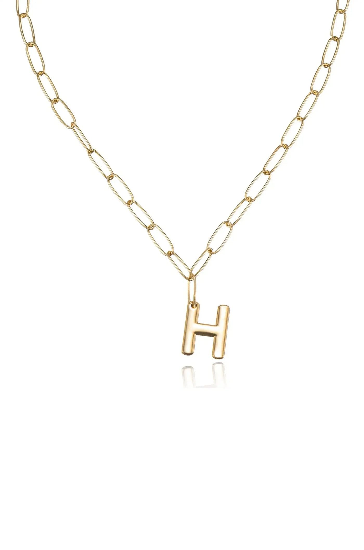 A gold chain necklace features elongated links and a prominent letter "H" pendant. The necklace is displayed against a clean, white background, emphasizing its shiny and elegant design.