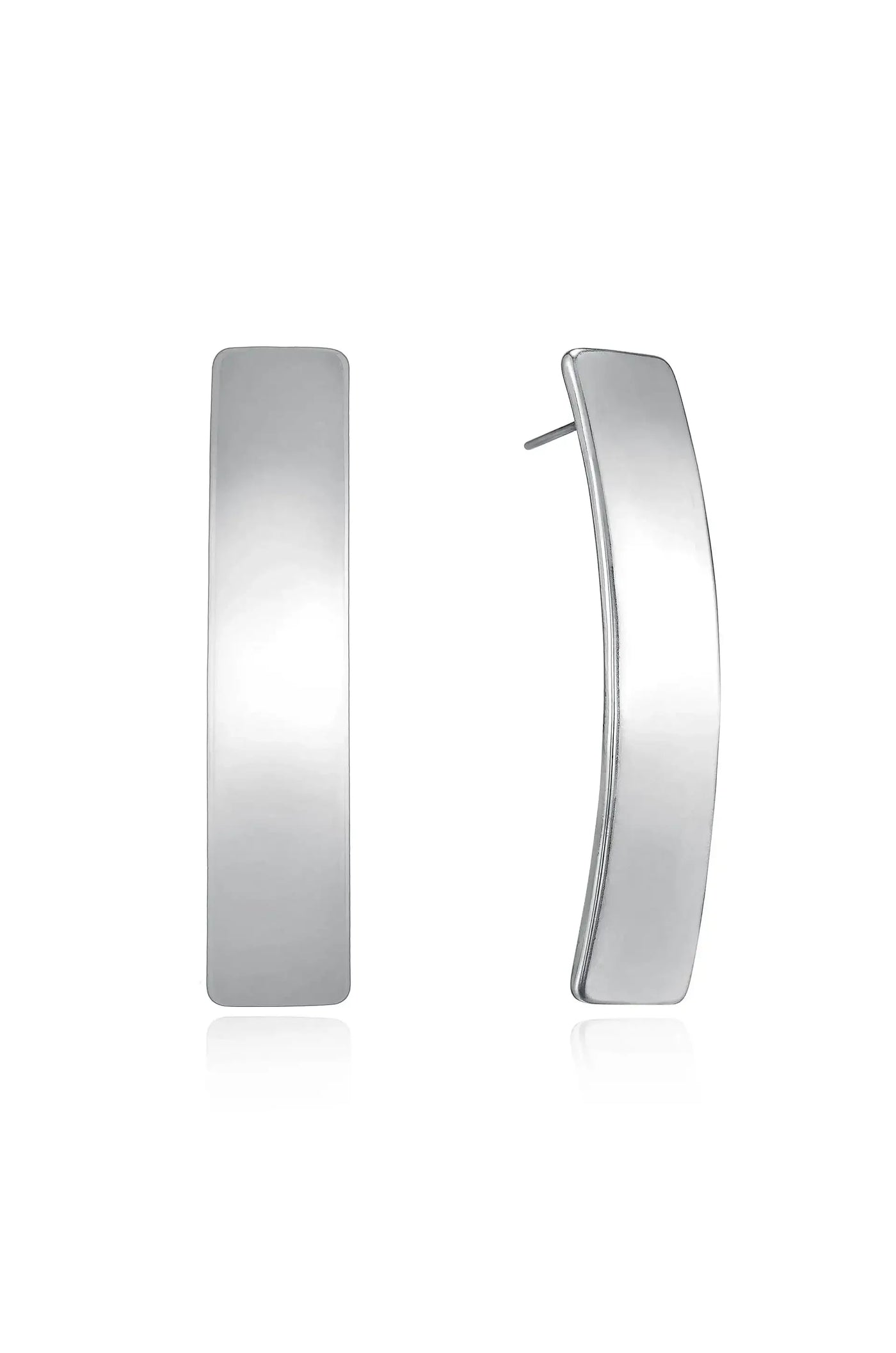 Two elegant silver earrings are displayed upright, showcasing their sleek, curved design. The smooth surface reflects light, set against a simple white background that highlights their shine.