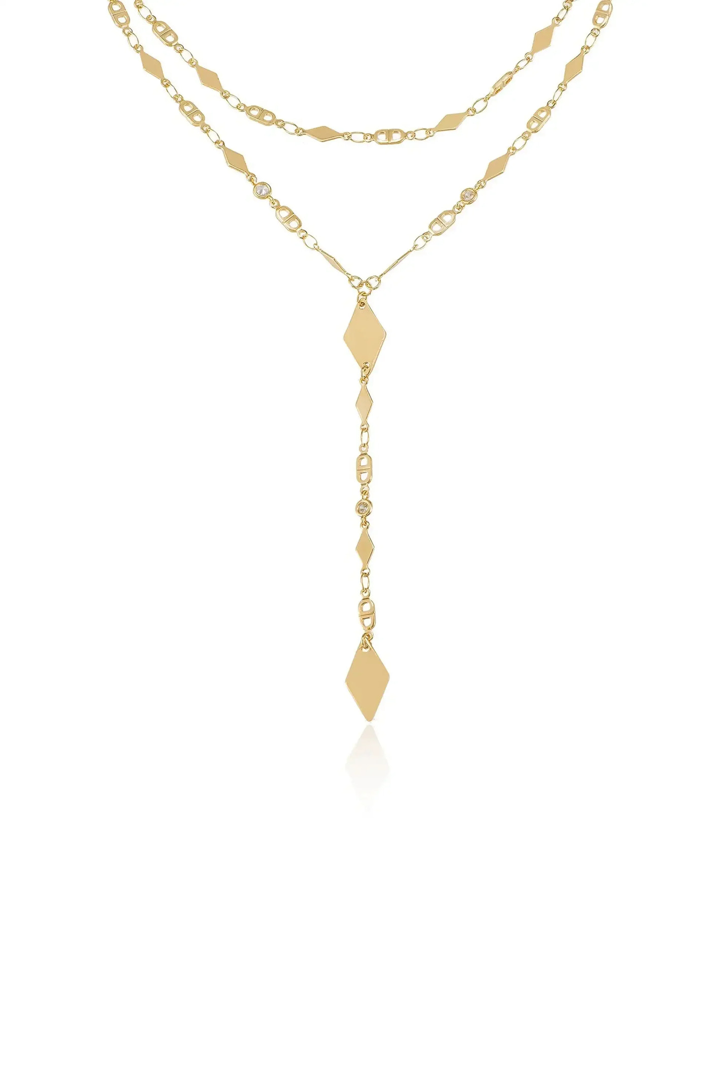 A gold layered necklace features diamond-shaped links and a central pendant, gracefully hanging down with a shiny finish, set against a plain white background to emphasize its elegance.