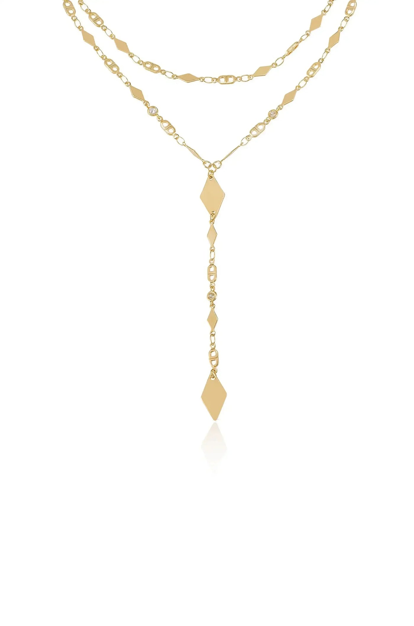 A gold layered necklace features diamond-shaped links and a central pendant, gracefully hanging down with a shiny finish, set against a plain white background to emphasize its elegance.