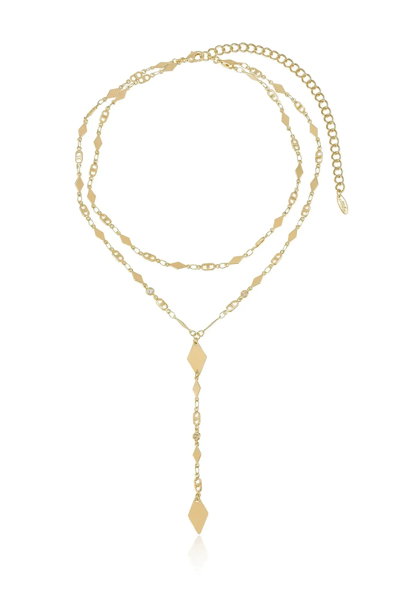 A delicate gold necklace features multiple linked chains of varying shapes, creating an elegant design. It hangs gracefully, with a longer section displaying a series of diamond-shaped pendants.