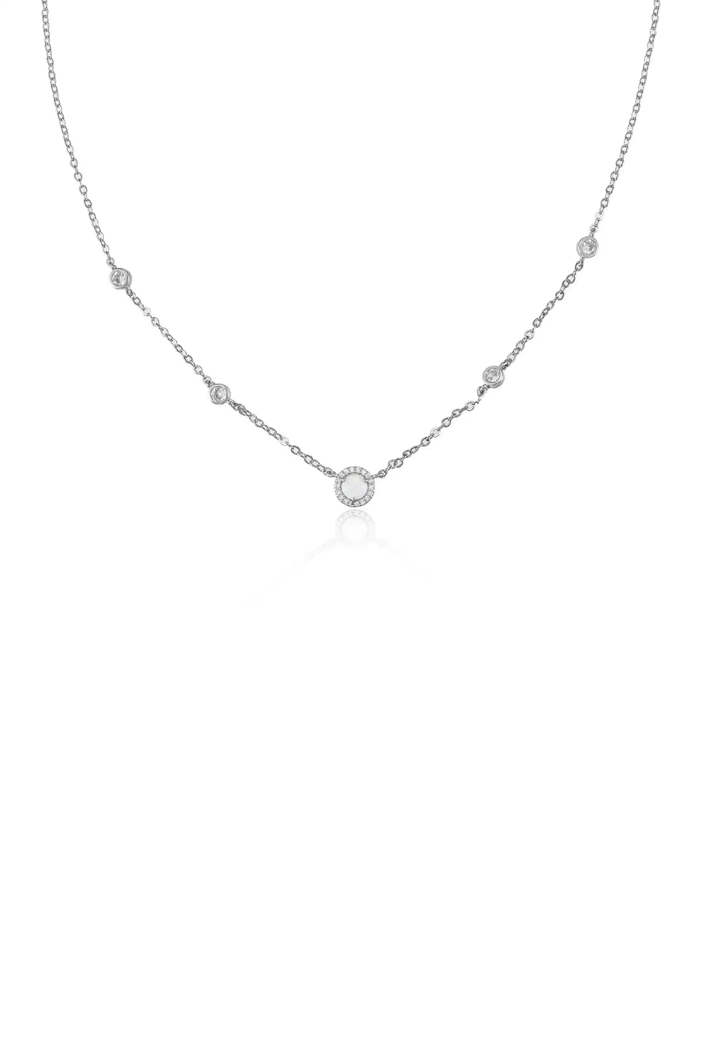 A delicate silver necklace features a central circular pendant surrounded by smaller stones, elegantly suspended from a thin chain against a plain white background, highlighting its refined design.