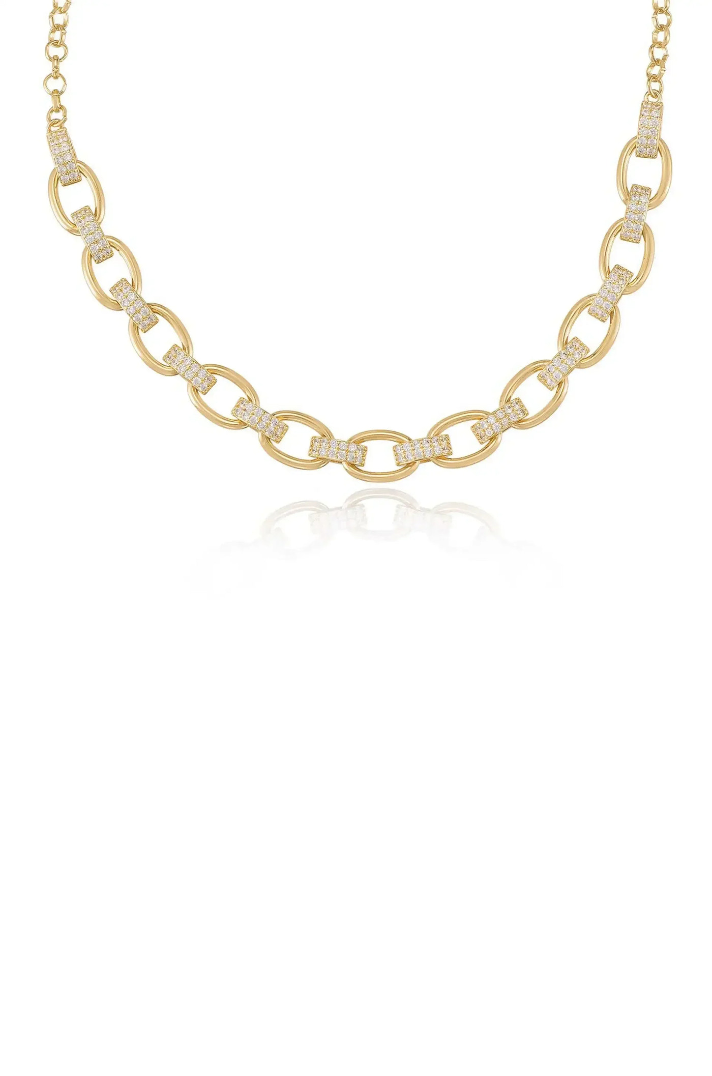 A gold chain necklace features interlinked oval links, adorned with sparkling diamonds on selected sections, against a white background, reflecting elegance and luxury.