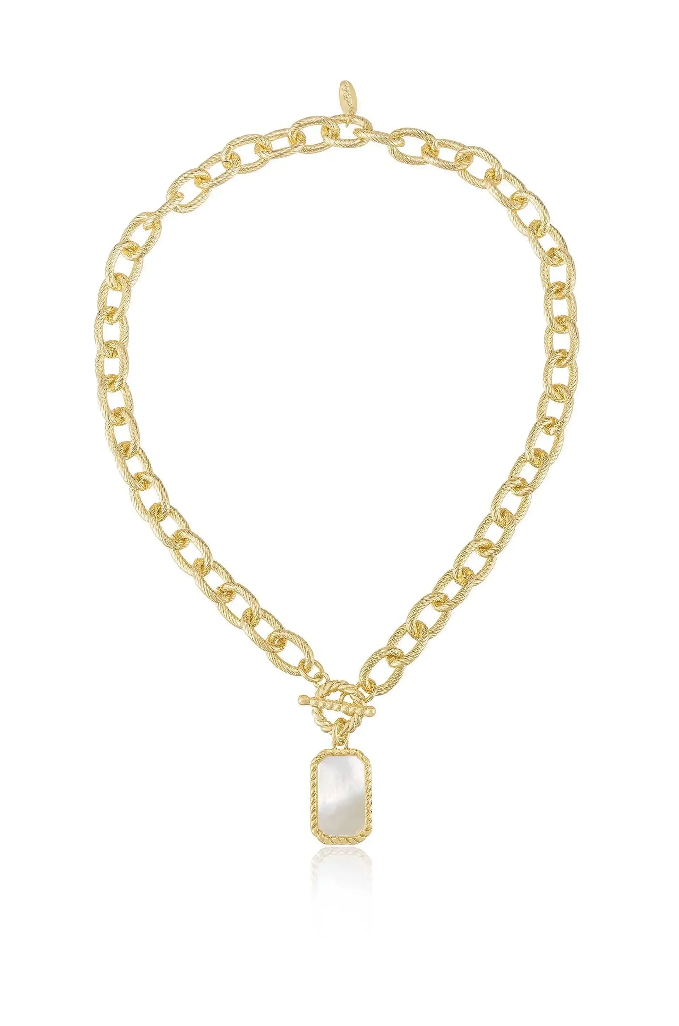 A gold chain necklace features twisted links and a rectangular pendant with a textured, light-colored surface, reflecting light around it, set against a neutral background.