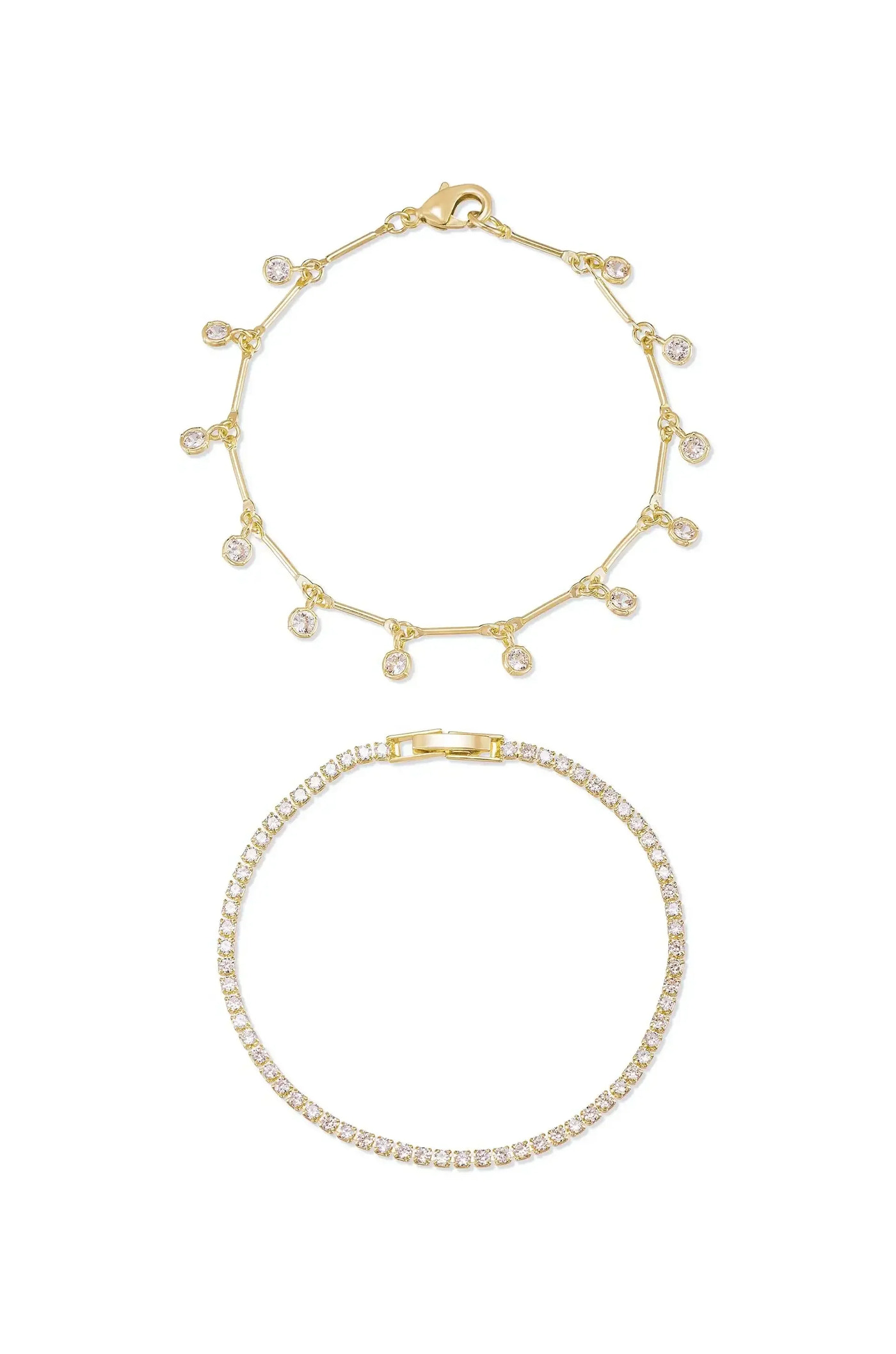Two bracelets are displayed against a white background. The top bracelet features gold links with alternating small clear gemstones, while the bottom is a solid gold band set with closely arranged sparkling stones.