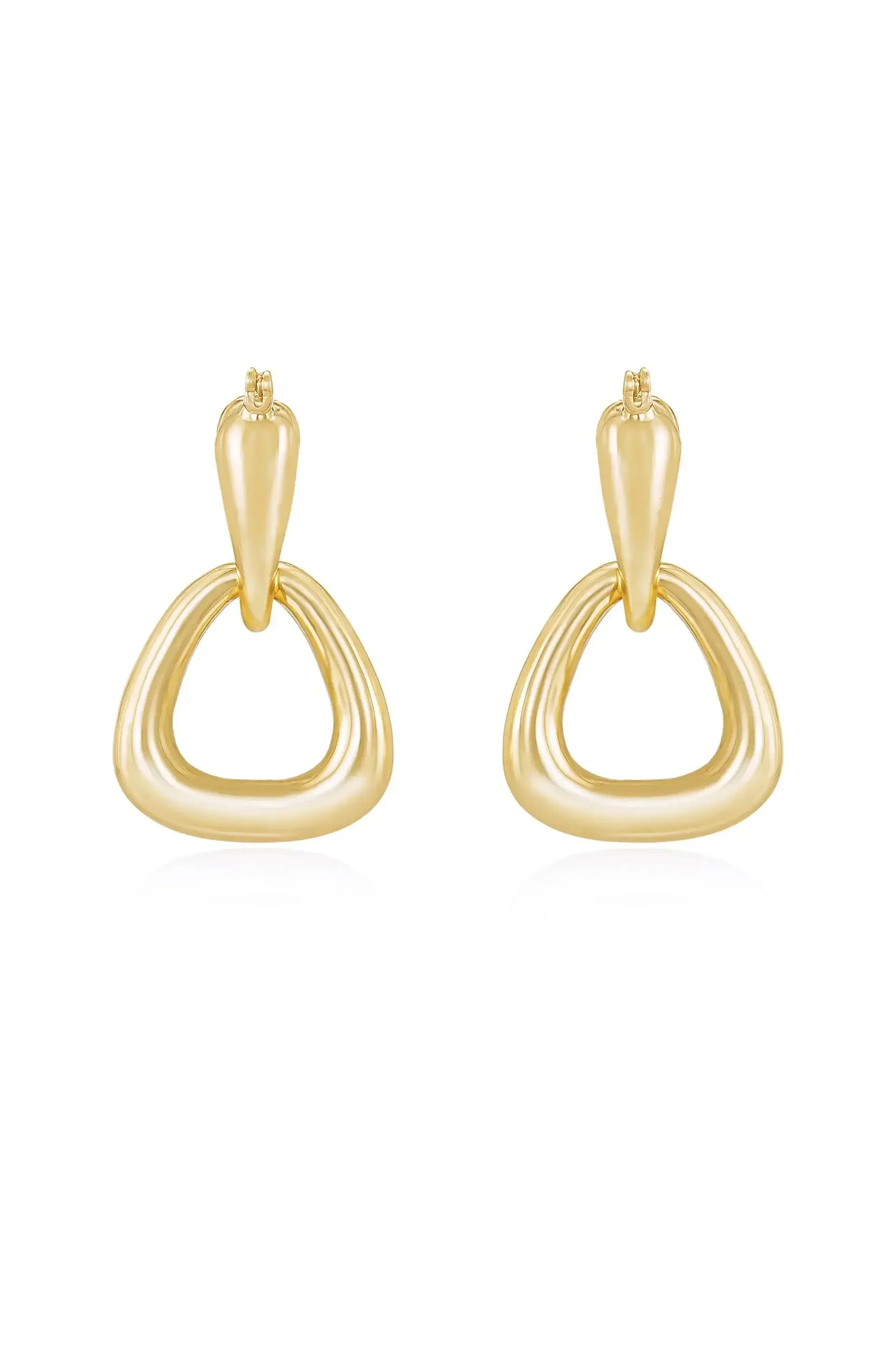 Golden earrings are displayed, featuring a teardrop shape at the top and a flowing triangular design below. They are set against a white background, highlighting their shine and elegance.