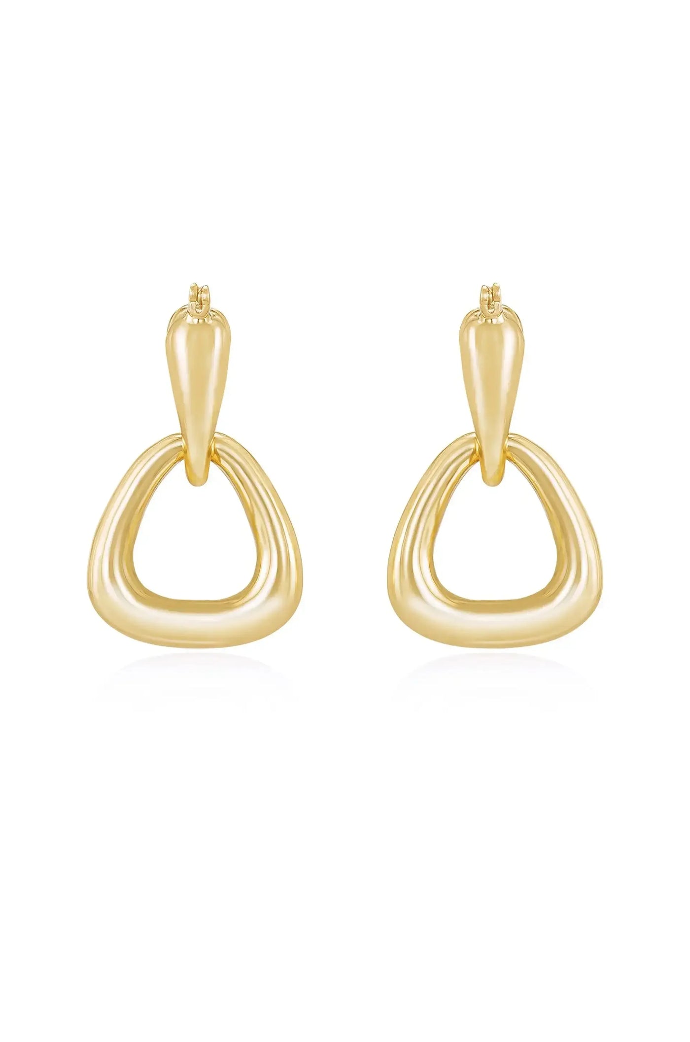 Golden earrings are displayed, featuring a teardrop shape at the top and a flowing triangular design below. They are set against a white background, highlighting their shine and elegance.