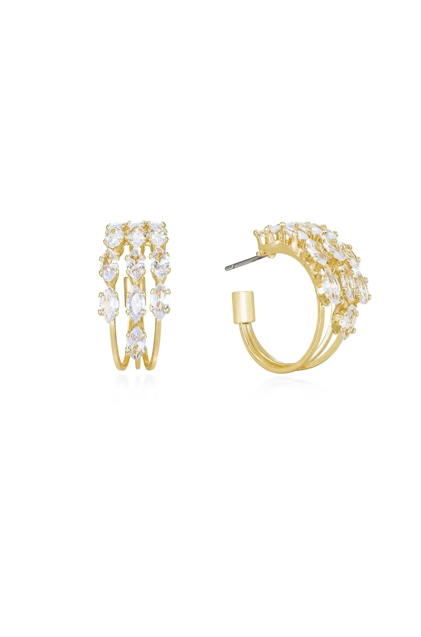Gold earrings with multiple sparkling stones are displayed side by side, one featuring a cascading design and the other a simpler hoop style, set against a white background.