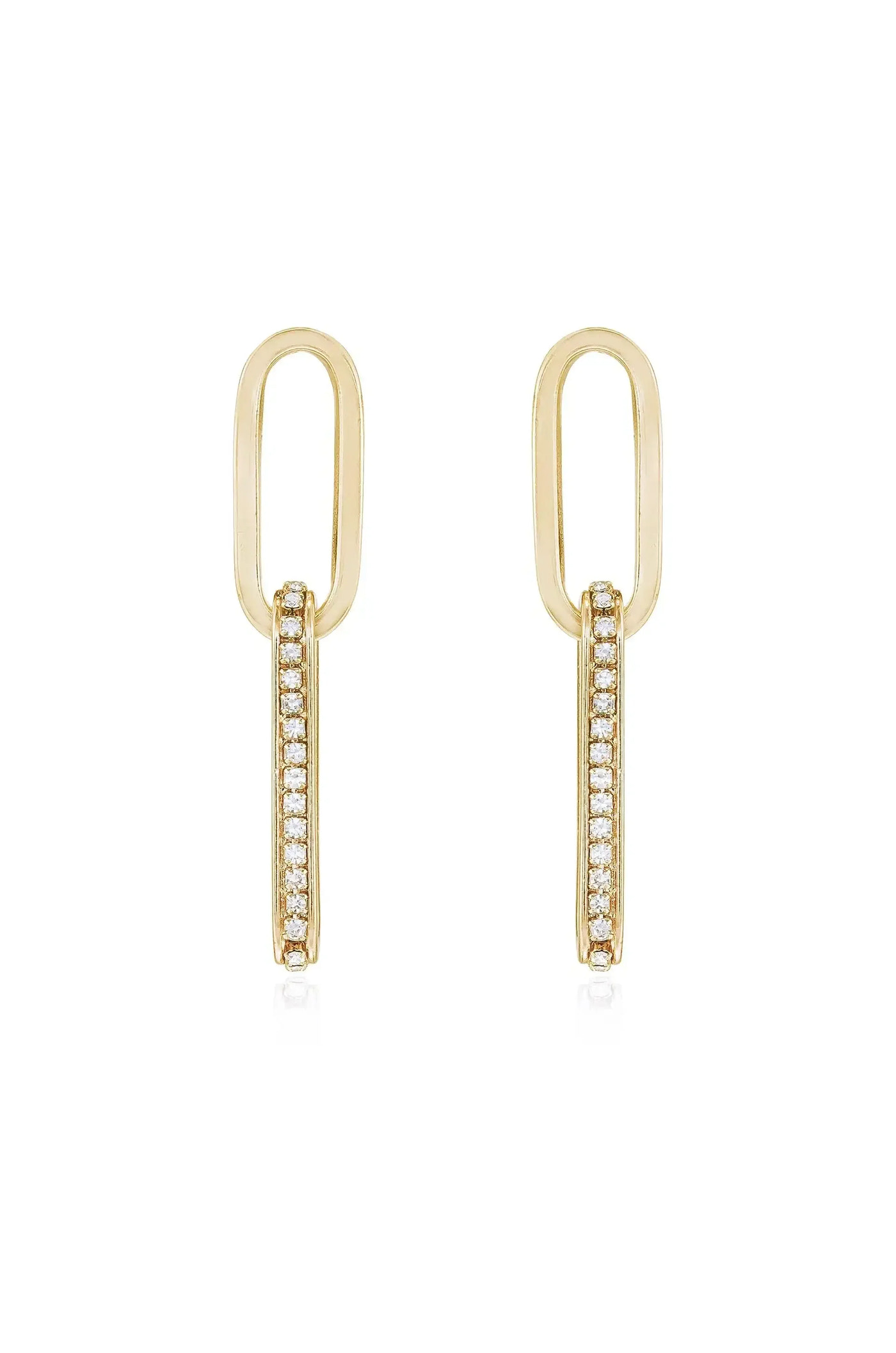 Two gold earrings are displayed. Each features an elongated, rectangular design with a central vertical row of small, sparkling gemstones, creating a modern and elegant look against a white background.