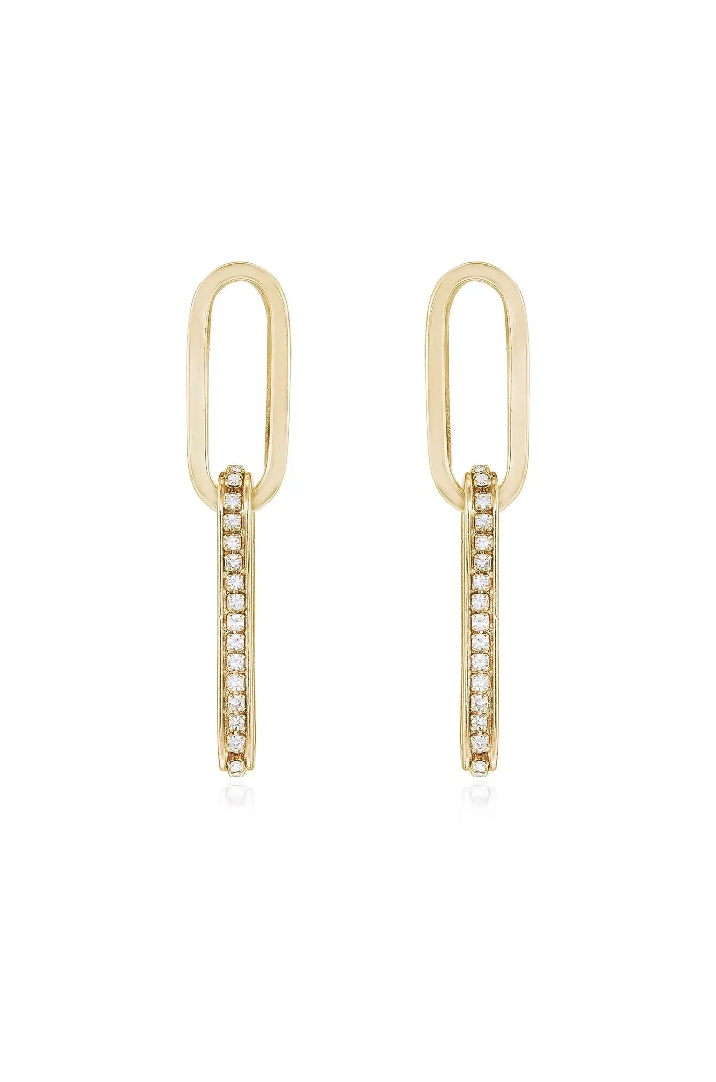 Two gold earrings are displayed. Each features an elongated, rectangular design with a central vertical row of small, sparkling gemstones, creating a modern and elegant look against a white background.