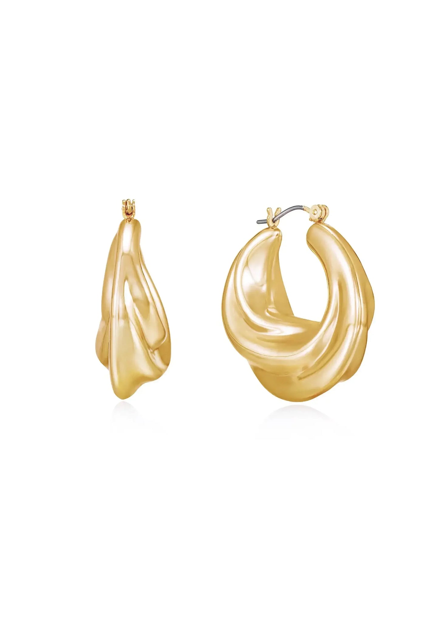 Two pairs of yellow, sculptural earrings are displayed. One earring is a long, droplet shape, while the other is a round hoop design, both reflecting light against a white background.