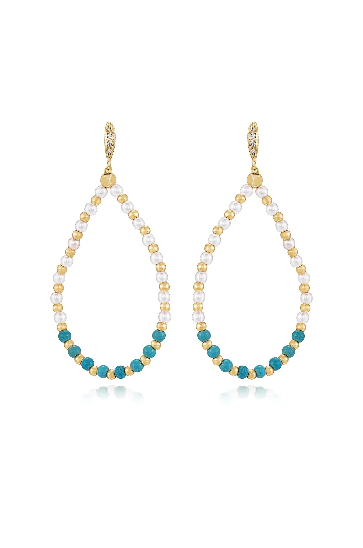 Two elegant drop earrings feature a design of alternating gold, white pearl, and turquoise beads. They hang gracefully, reflecting light against a simple white background.