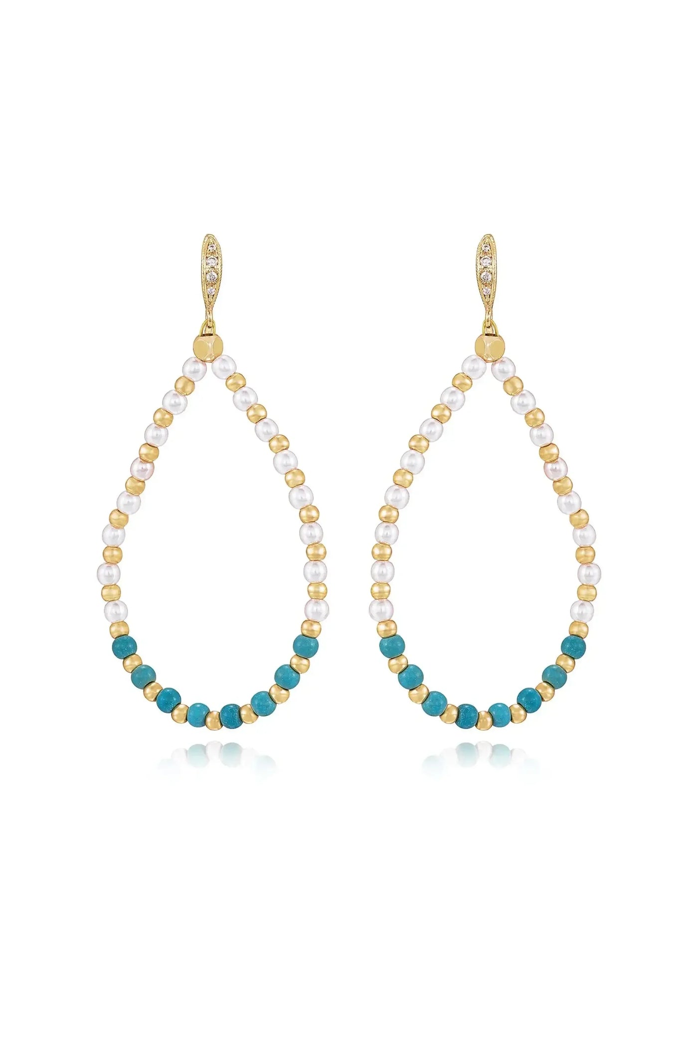 Two elegant drop earrings feature a design of alternating gold, white pearl, and turquoise beads. They hang gracefully, reflecting light against a simple white background.