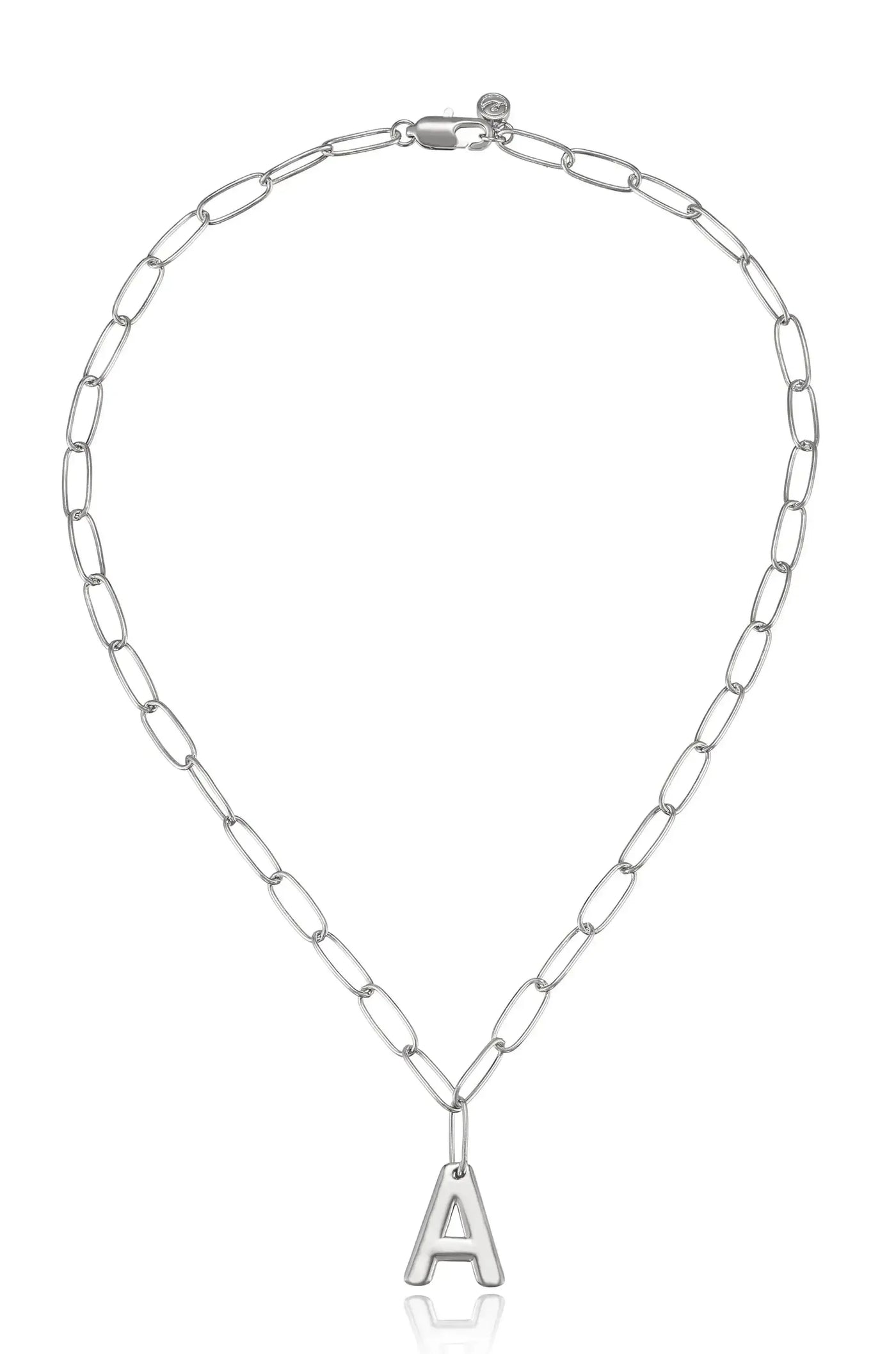 A silver chain necklace with elongated links features a prominent hanging letter "A" pendant. The necklace is displayed against a plain background, emphasizing its sleek design and simplicity.