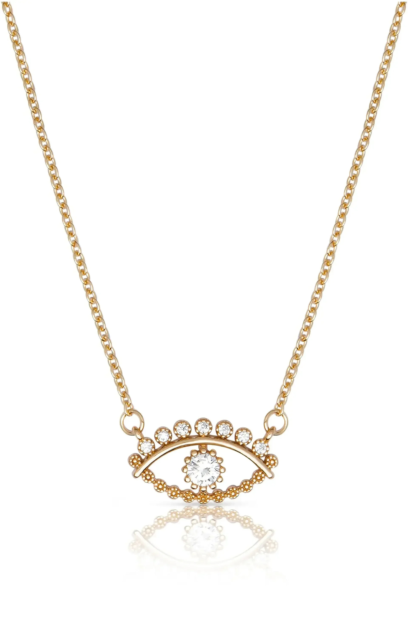 A golden necklace features an eye-shaped pendant adorned with sparkling stones, reflecting light beneath it. The design conveys elegance, suitable for various occasions.