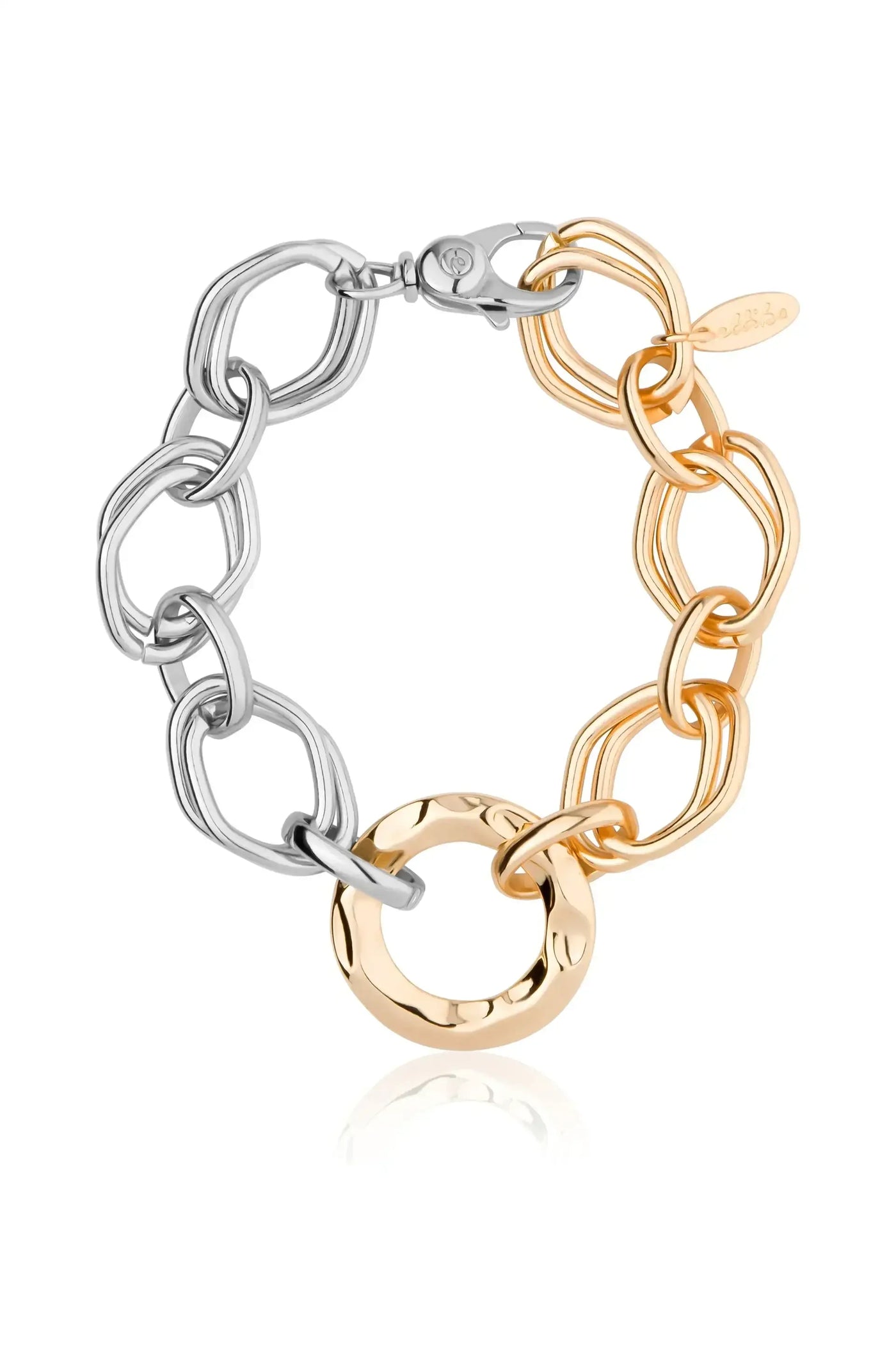 A metallic bracelet displays interlinked silver and gold chains. The gold sections feature smooth, rounded links, while the silver links are elongated and angular. The clasp is visible, showing functionality and style.