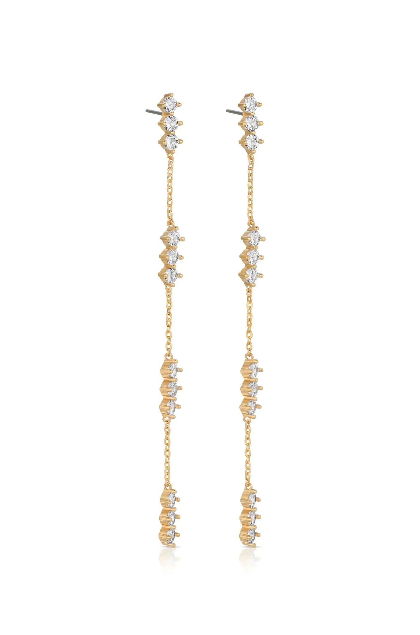 Stylish earrings designed with a gold chain featuring alternating patterns of gold and sparkling stones. They dangle elegantly, suitable for a fashionable occasion or evening wear.
