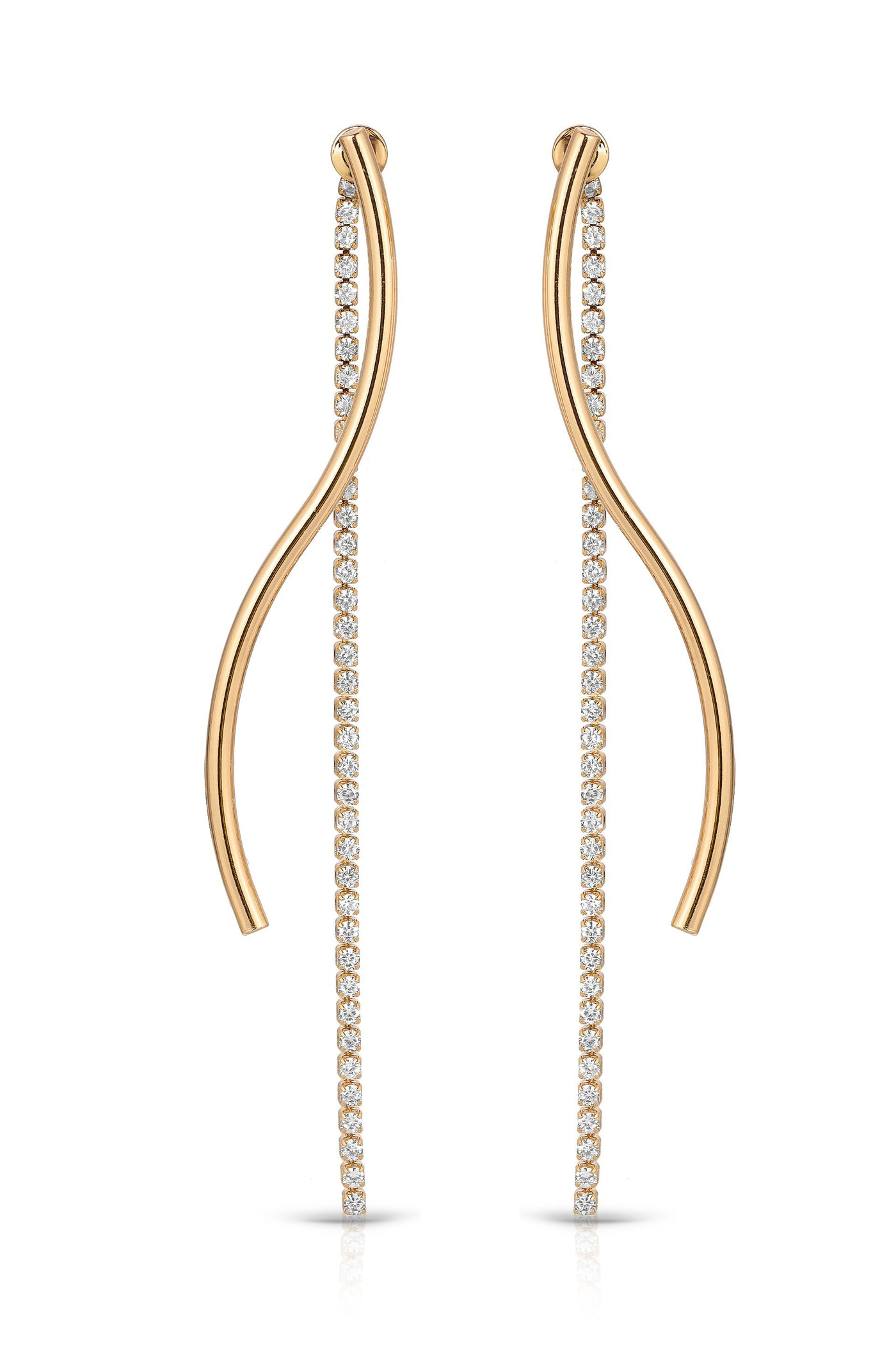 Gold earrings feature curved, elongated designs adorned with a line of sparkling diamonds, reflecting light, displayed against a clean, white background.