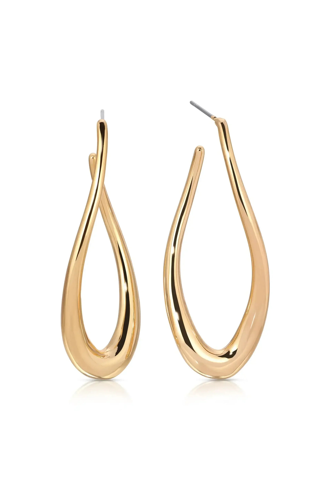 Two gold, loop-shaped earrings are displayed upright, showcasing their shiny, reflective surface and elegant design. They are positioned against a plain white background.