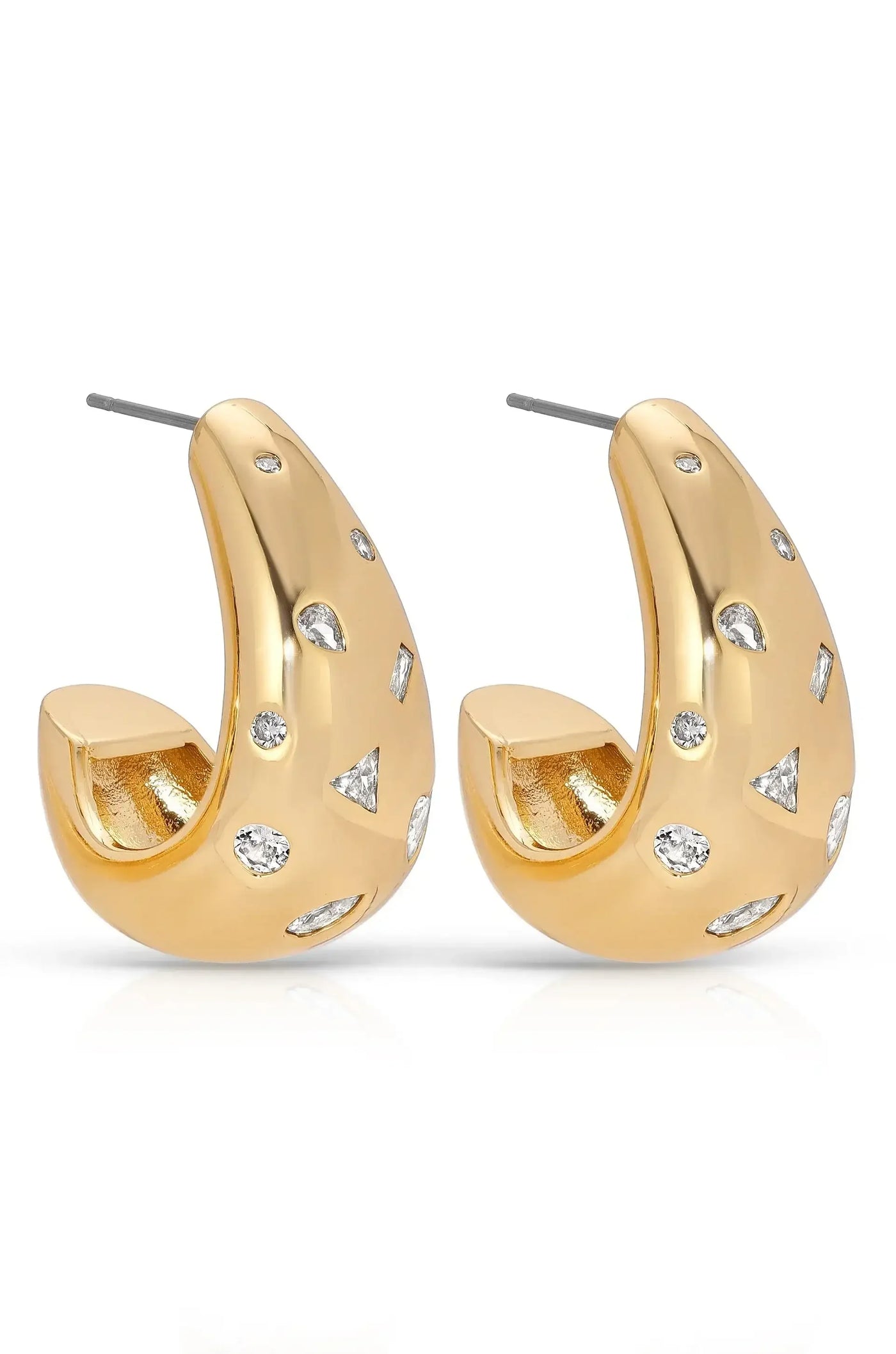 Gold hoop earrings feature various diamond-like embellishments. The earrings are displayed against a plain white background, emphasizing their shine and decorative elements.