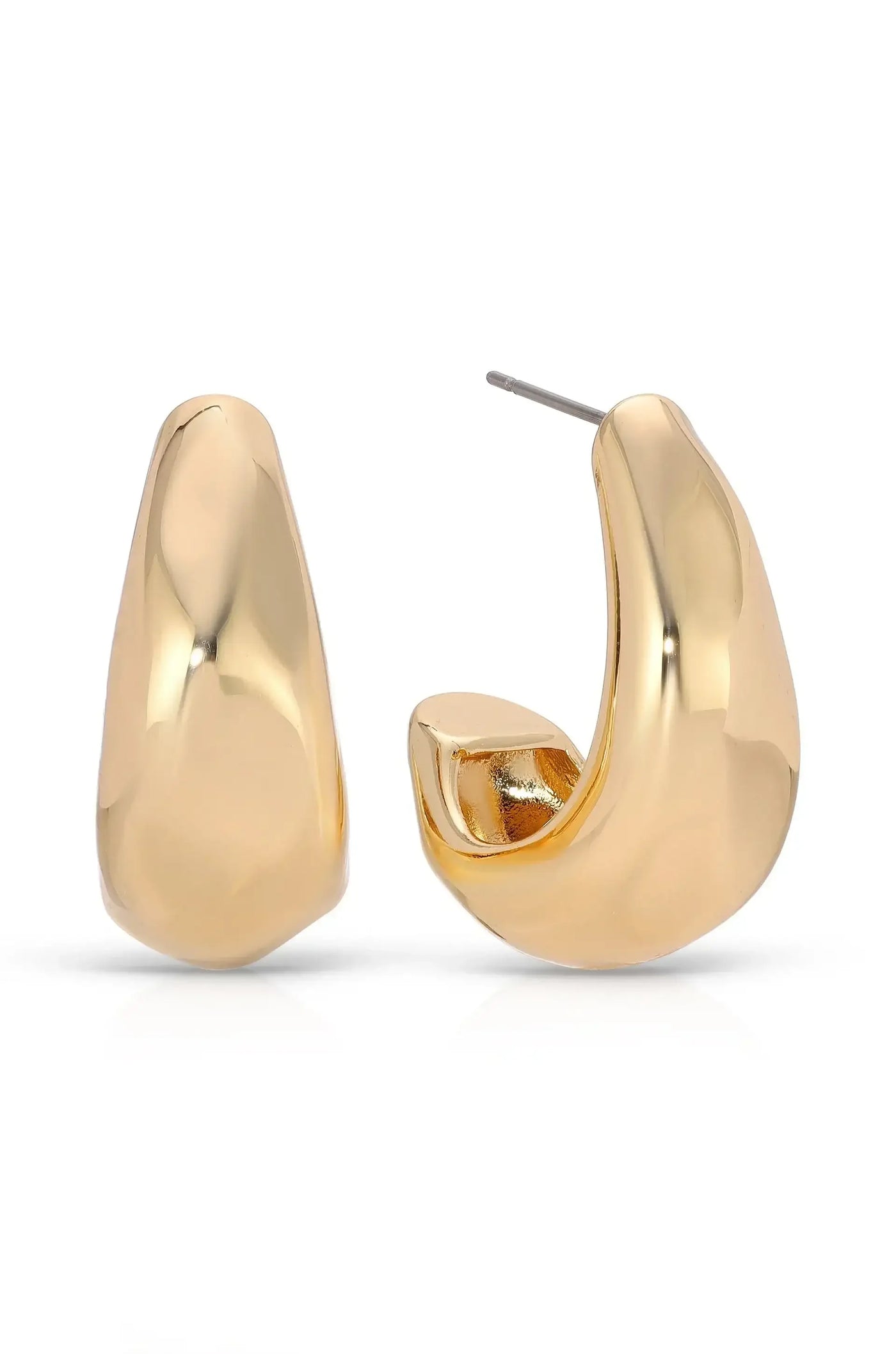 Two gold hoop earrings are displayed, one angled slightly to show depth. The smooth, shiny surfaces reflect light, set against a plain white background that enhances their elegance.