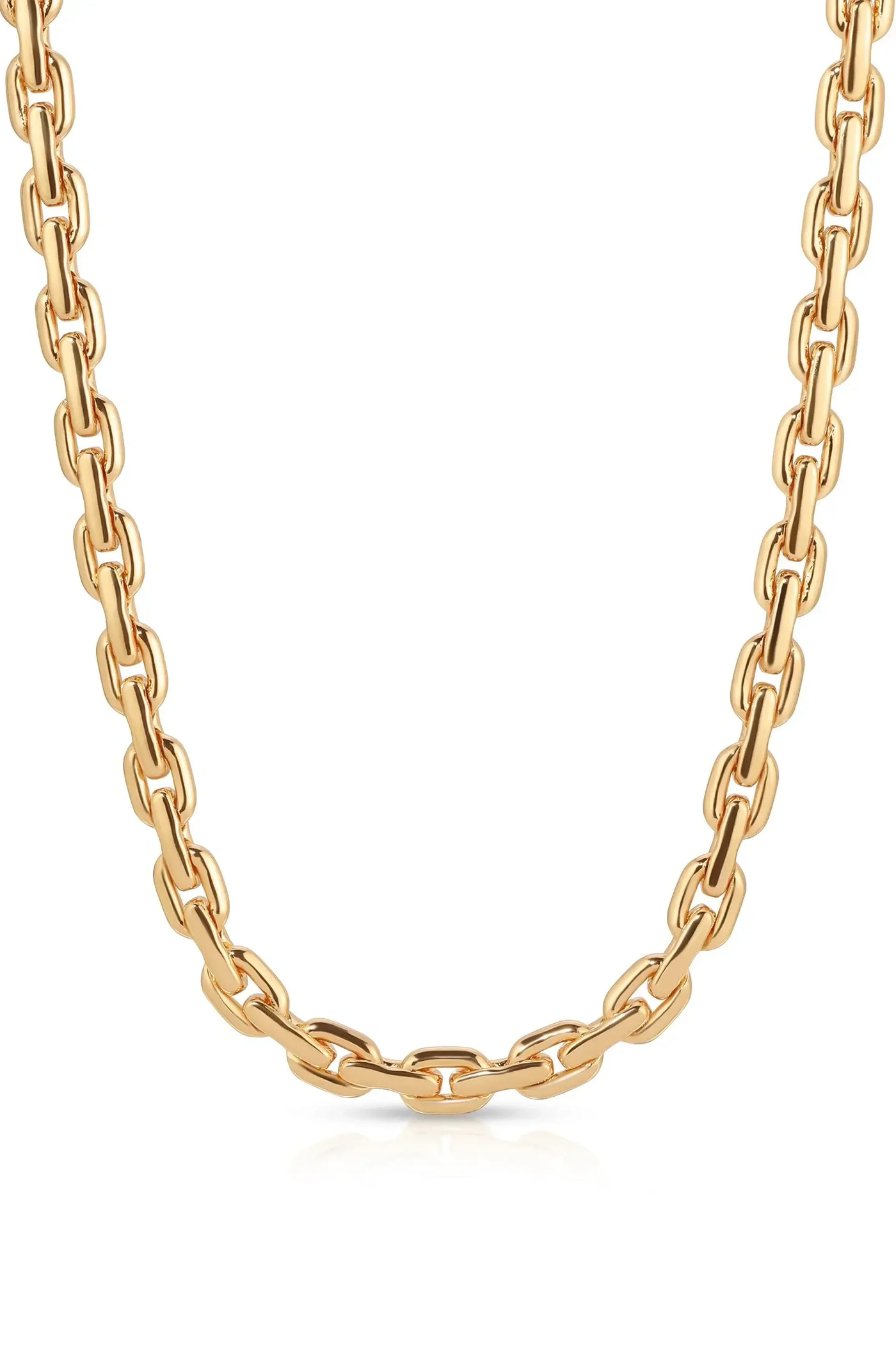 A gold chain necklace hangs vertically, composed of interlinked, rectangular links. It brightens against a simple white background, emphasizing its smooth, reflective surface.