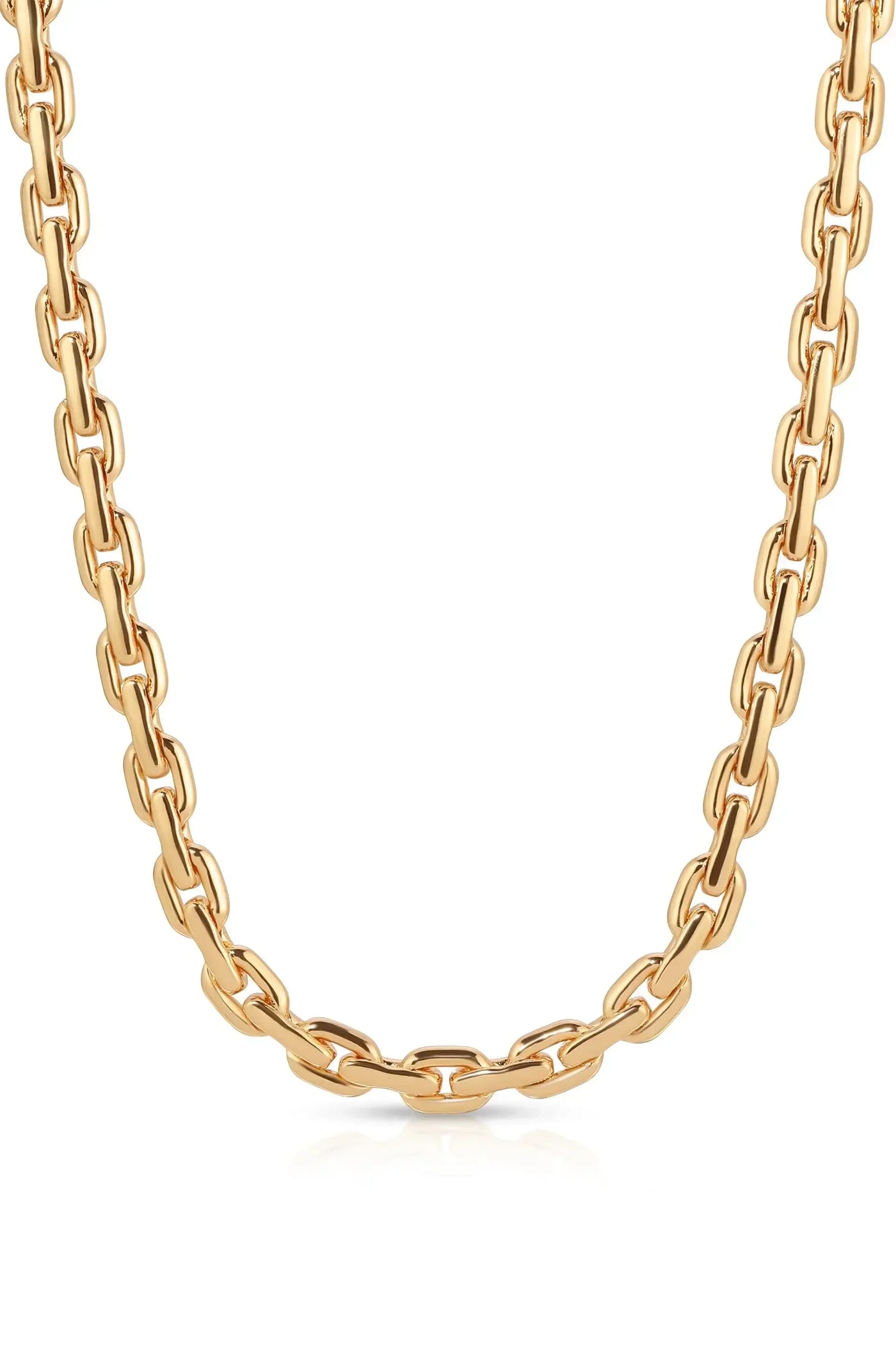 A gold chain necklace hangs vertically, composed of interlinked, rectangular links. It brightens against a simple white background, emphasizing its smooth, reflective surface.