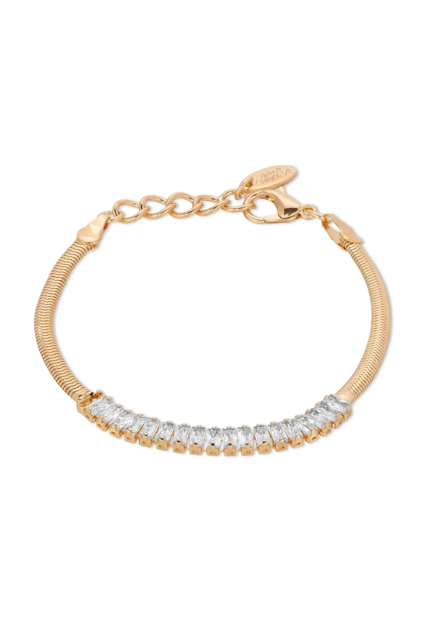A gold bracelet features a series of sparkling clear stones arranged in a curved line, showcasing a textured band that connects to a chain with a clasp.