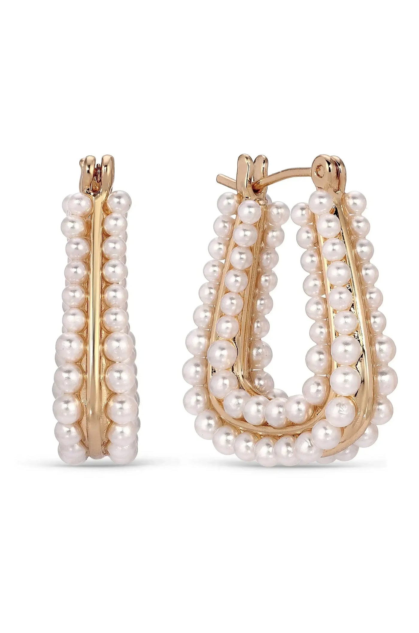 Hoop earrings adorned with small white pearls are displayed side by side. They feature a gold-toned metal base that enhances their elegance, suitable for formal or casual occasions.