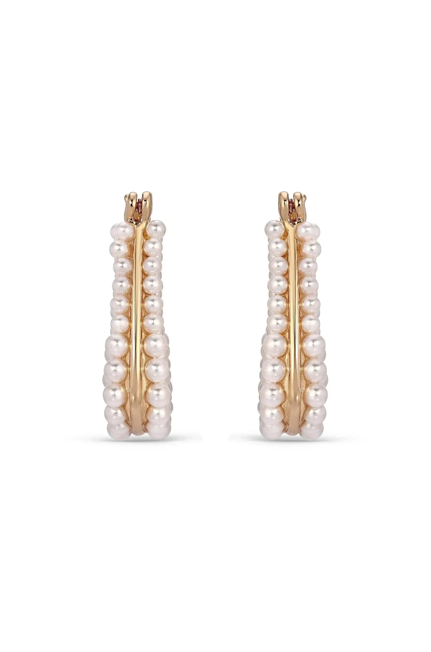 Two pearl hoop earrings are displayed, featuring evenly spaced white pearls along a gold setting. The earrings are designed to be elegant, capturing light with their lustrous surface against a plain background.