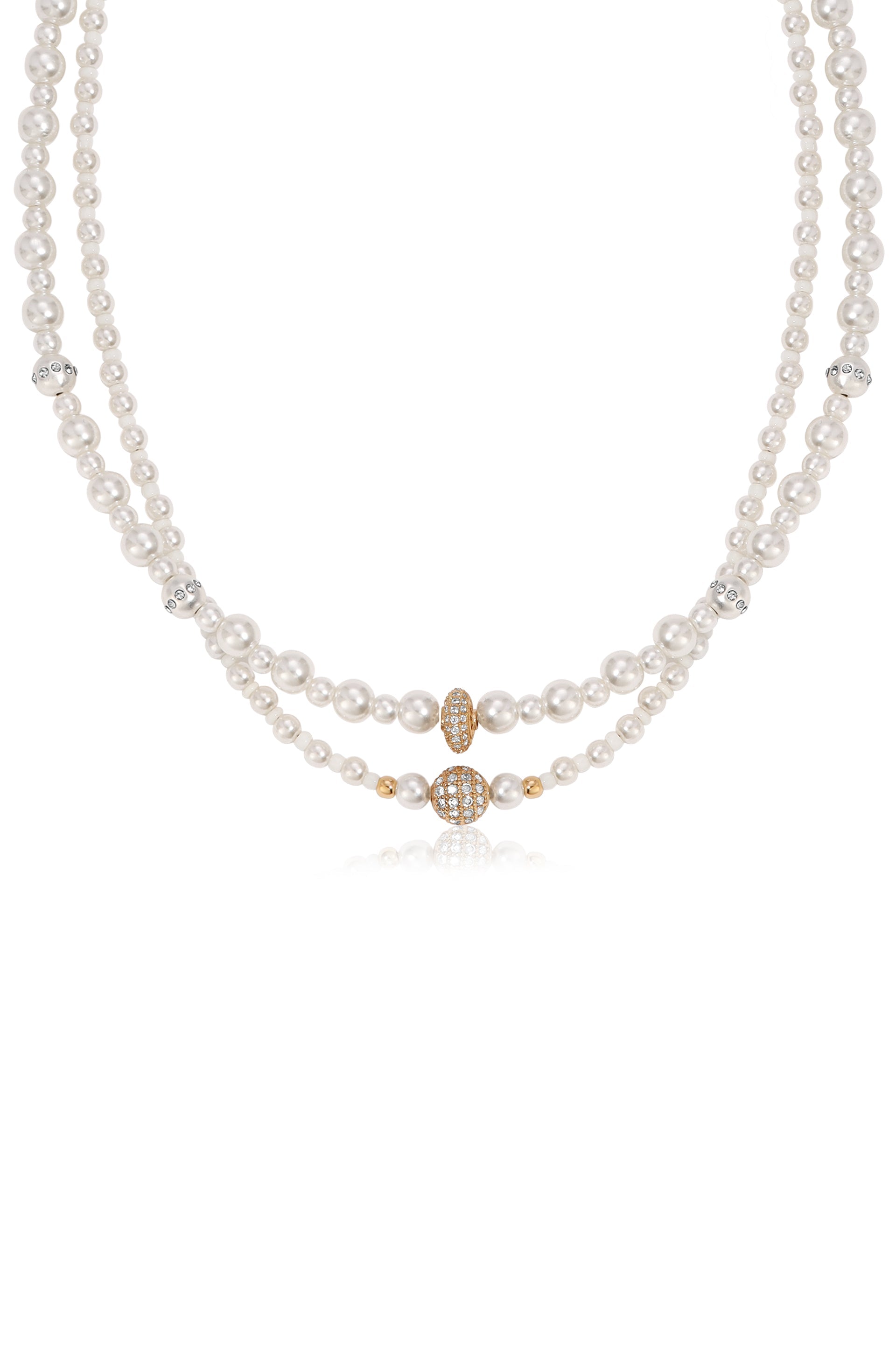 18K Gold Plated Stainless Steel Pearl 2-Layer Chain Necklace - Adjustable 17.5in