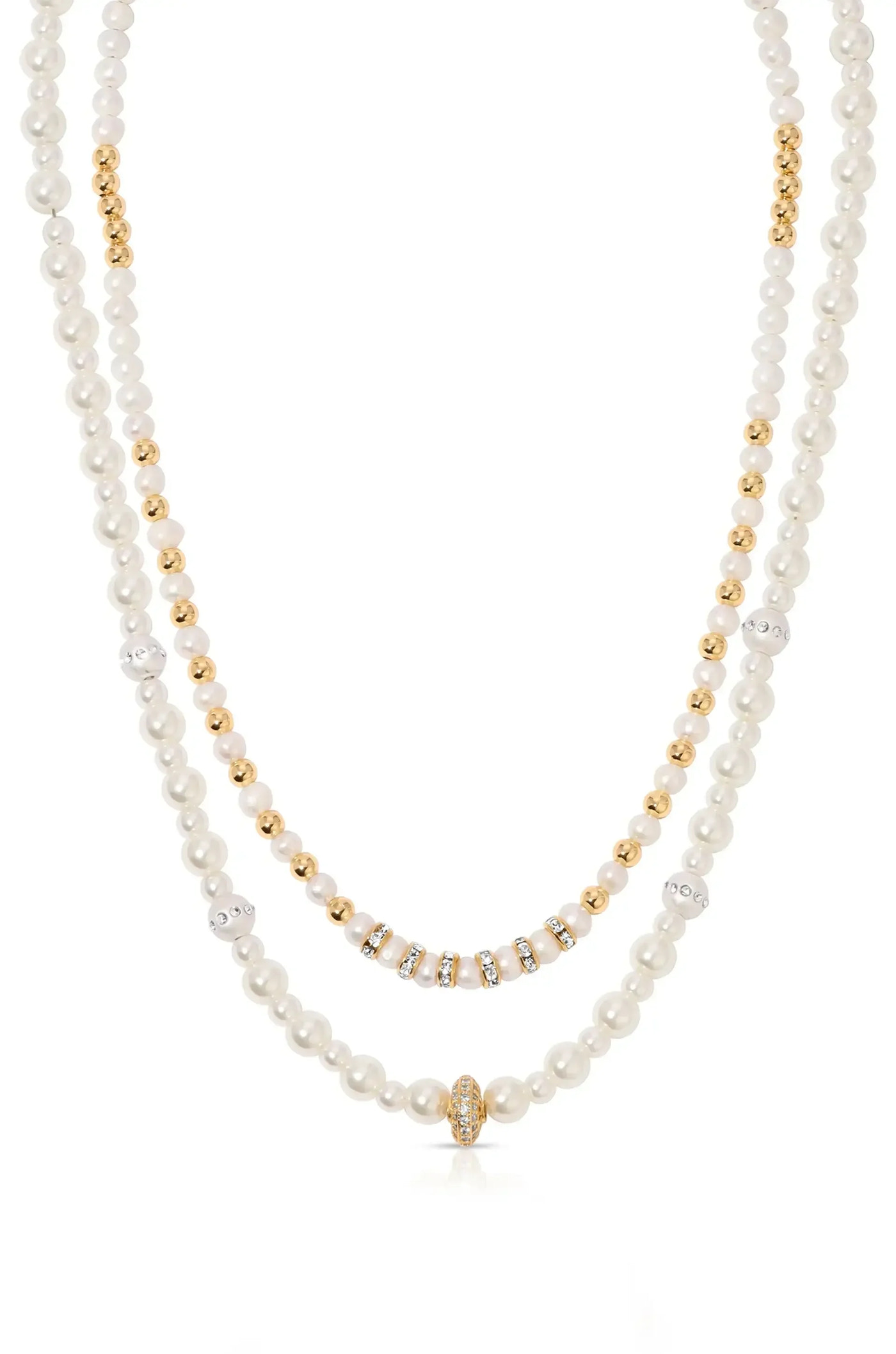 A layered necklace features alternating strands of white pearls and gold beads, with some adorned with sparkling accents, set against a plain, light background for emphasis.