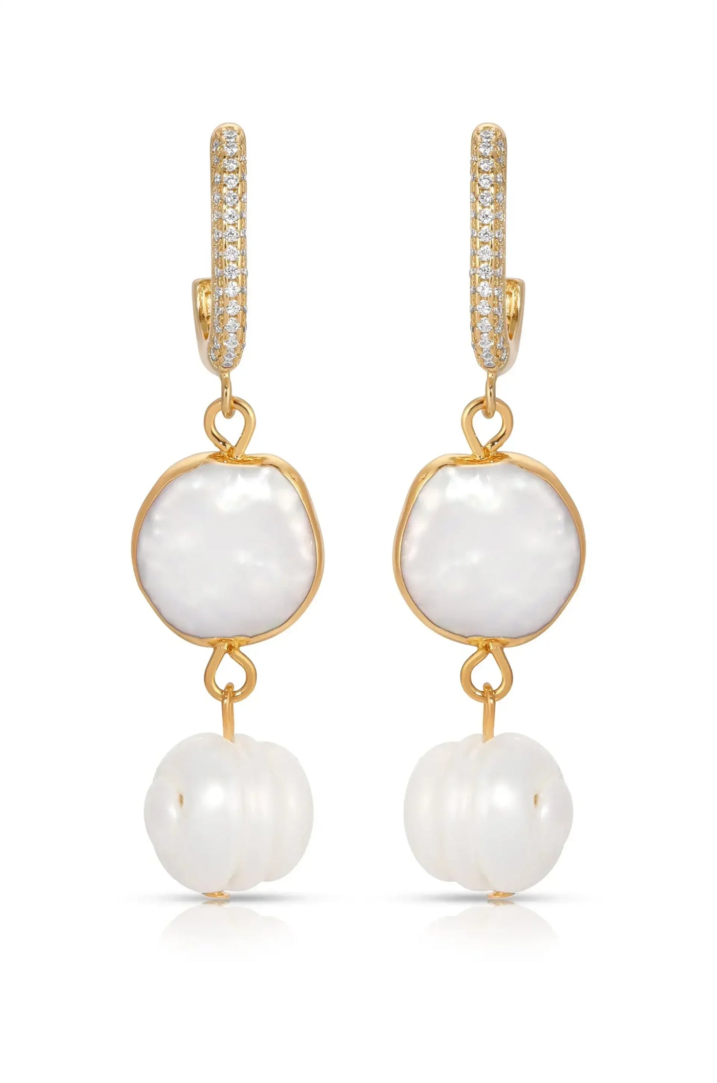 Two elegant earrings featuring a gold hoop adorned with small diamonds. Each earring has a large, luminous pearl followed by a smaller, round white pearl, creating a sophisticated, layered design.