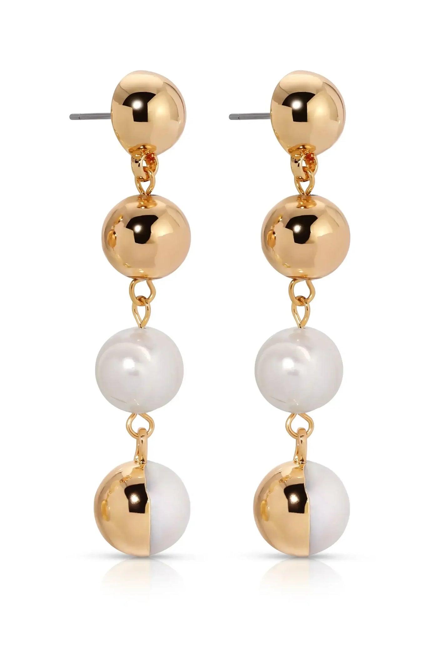 Two dangling earrings feature alternating gold and white spherical elements. The gold sections are shiny, while the white ones have a pearlescent finish, set against a neutral background.
