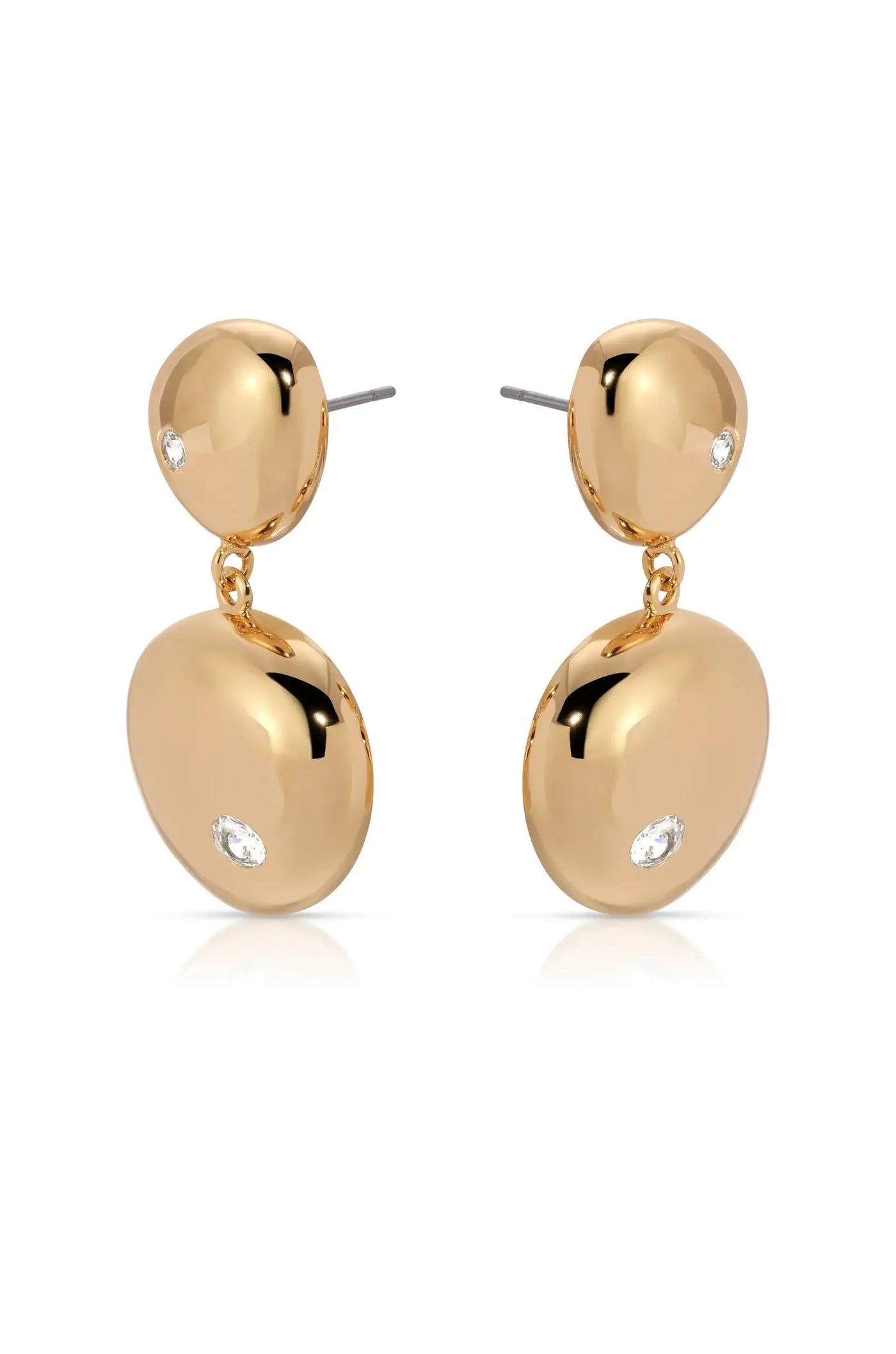Gold earrings feature two polished, dome-shaped pieces connected by a small chain, with a sparkling gemstone on each. The earrings are displayed against a plain white background.