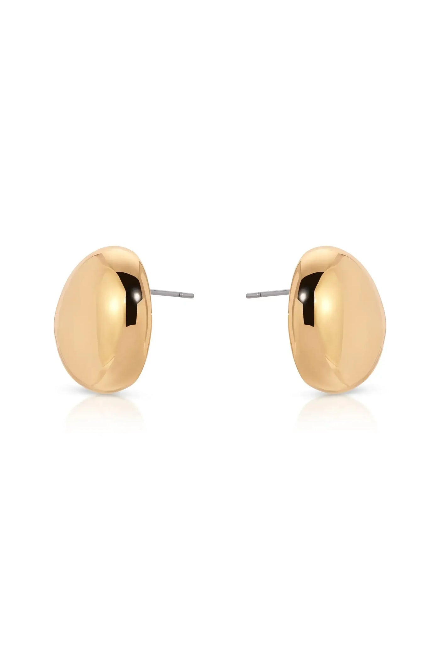 Two shiny, rounded gold earrings rest symmetrically on a white background, showcasing their smooth surfaces and reflective qualities, designed to be worn for accessorizing or enhancing outfits.