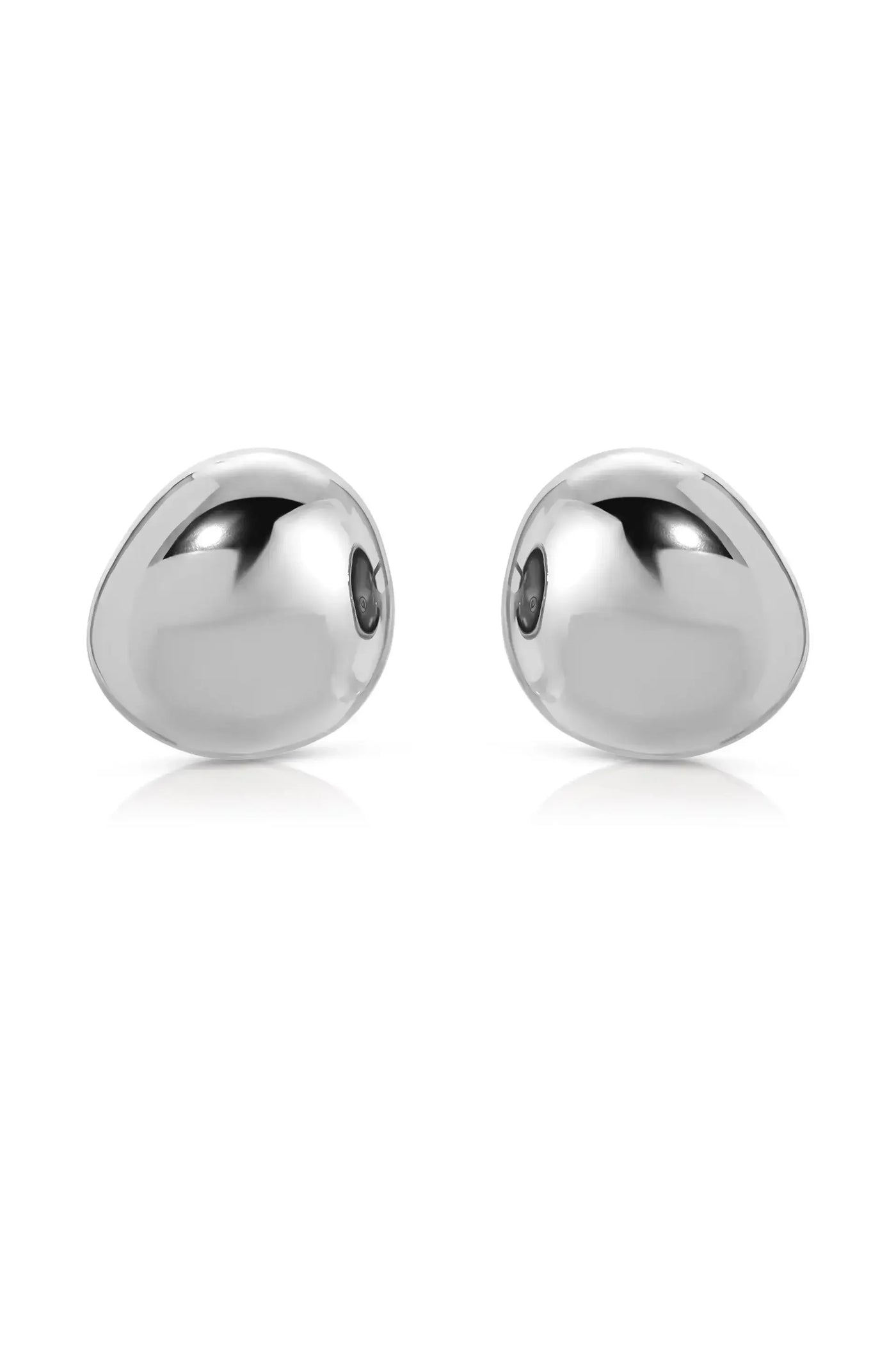 A pair of shiny, metallic earbuds sits symmetrically, reflecting light. They are designed to be worn for listening, set against a plain white background that enhances their sleek appearance.